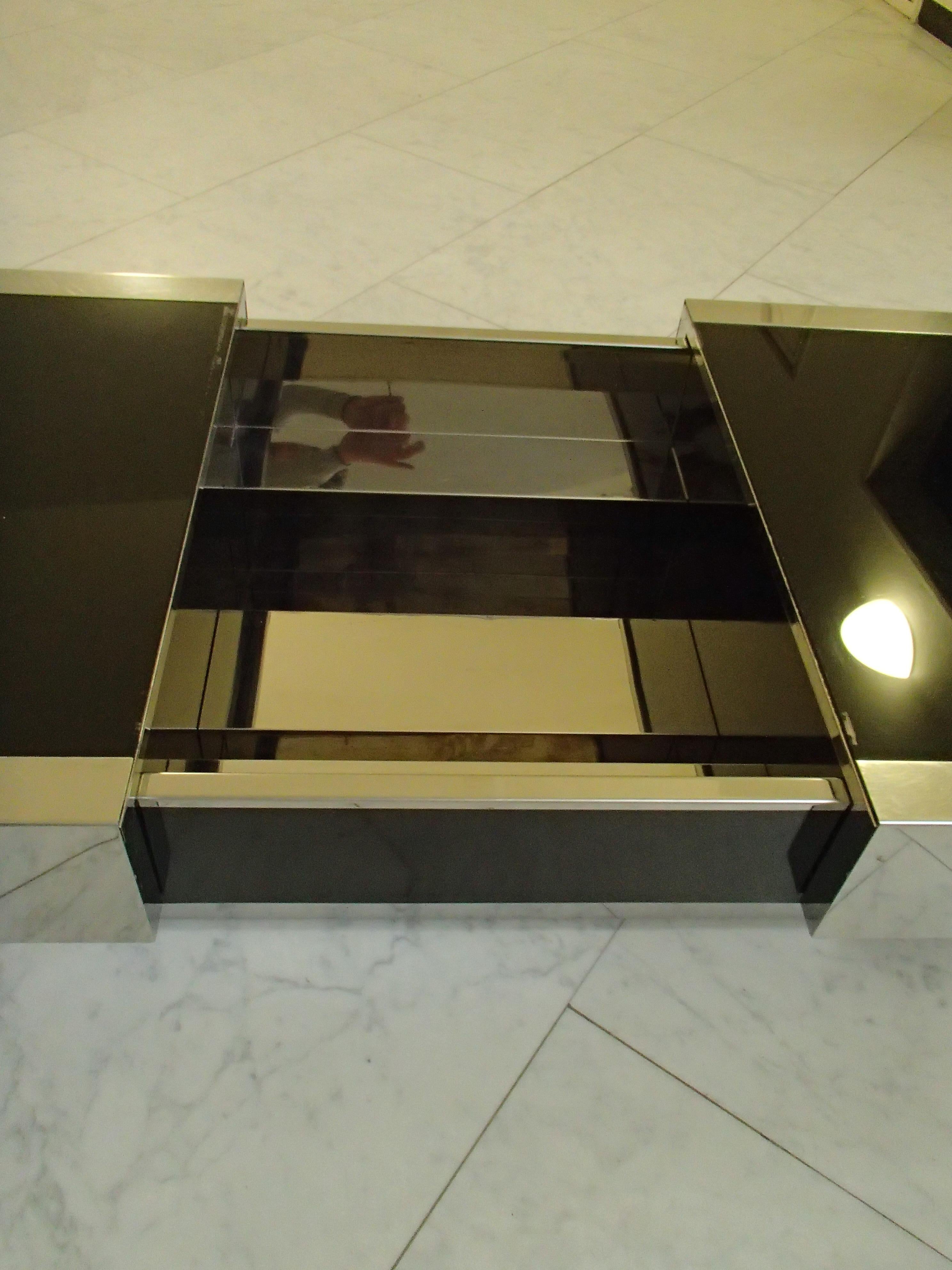 Modern Low Bar Table by Willy Rizzo Chrome and Black Glass with Glass and Bottle Range
