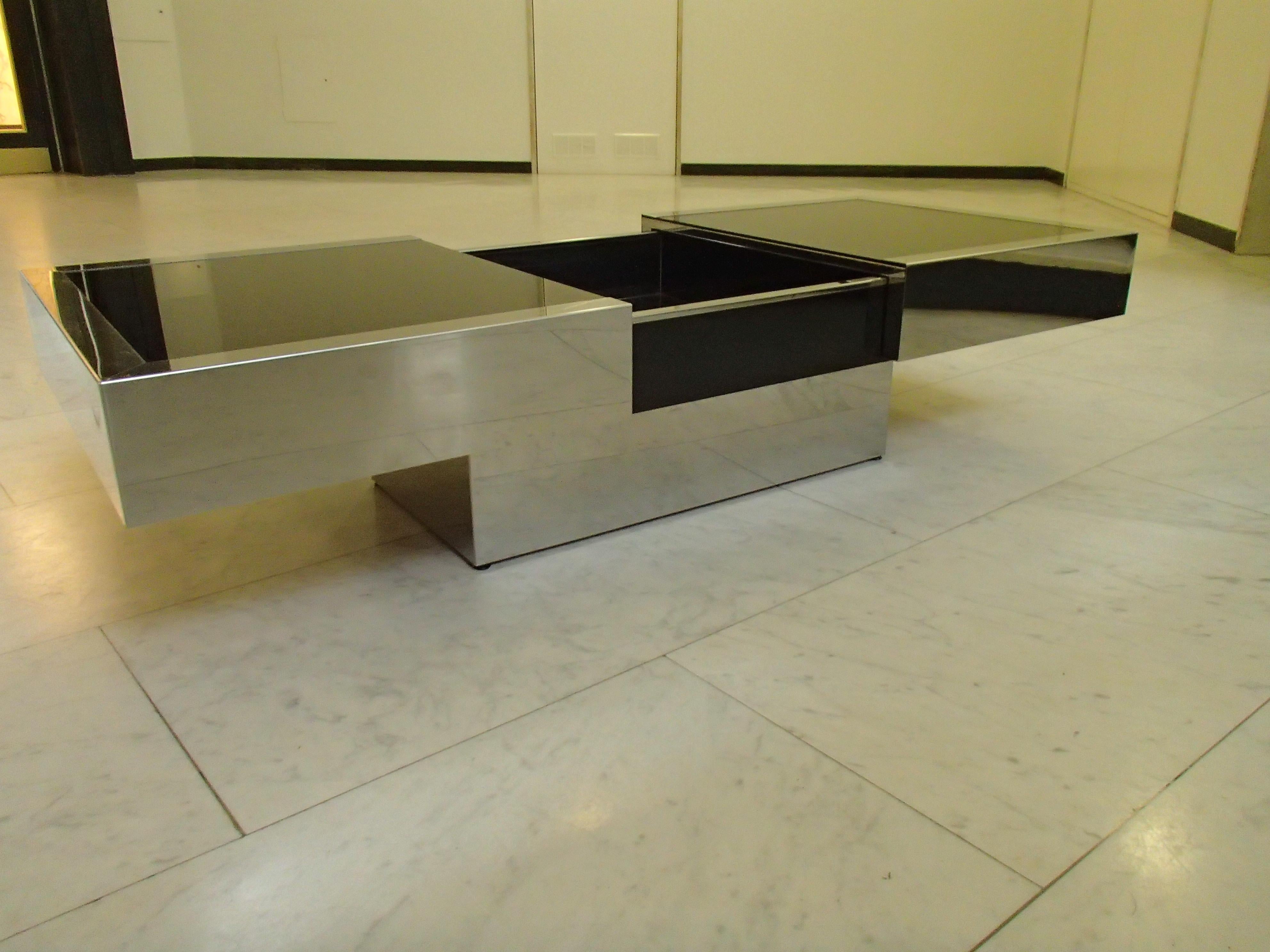 Low Bar Table by Willy Rizzo Chrome and Black Glass with Glass and Bottle Range 1
