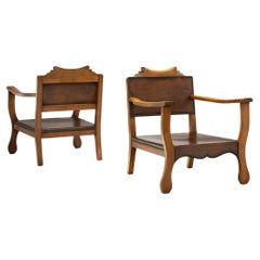 Low Beech Armchairs with Leather Seats by Otto Schulz, Sweden Mid-20th Century