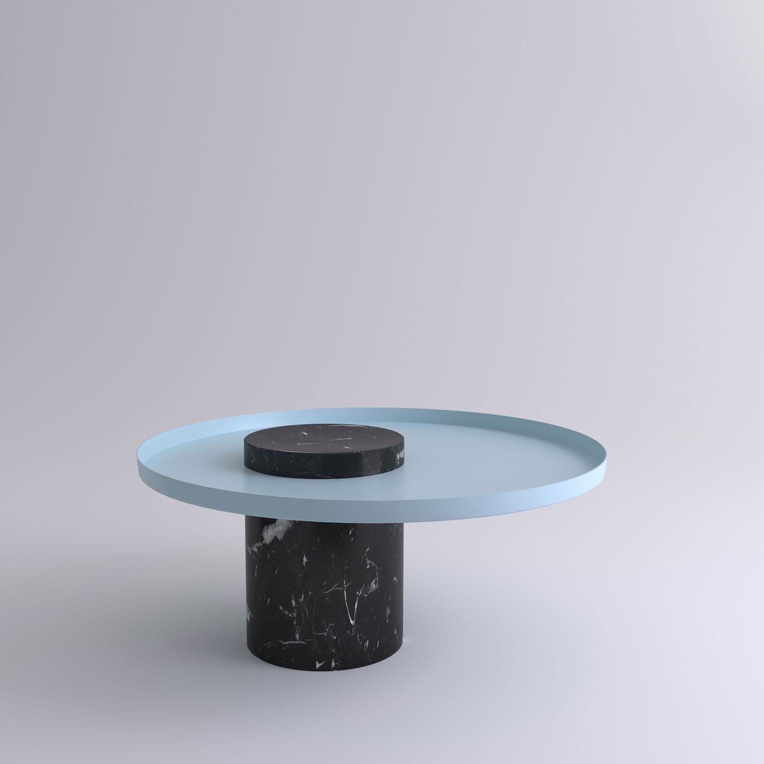 Low black marquina marble contemporary guéridon, Sebastian Herkner
Dimensions: D 70 x H 33 cm.
Materials: black marquina marble, light blue metal tray

The salute table exists in 3 sizes, 4 different marble stones for the column and 5 different