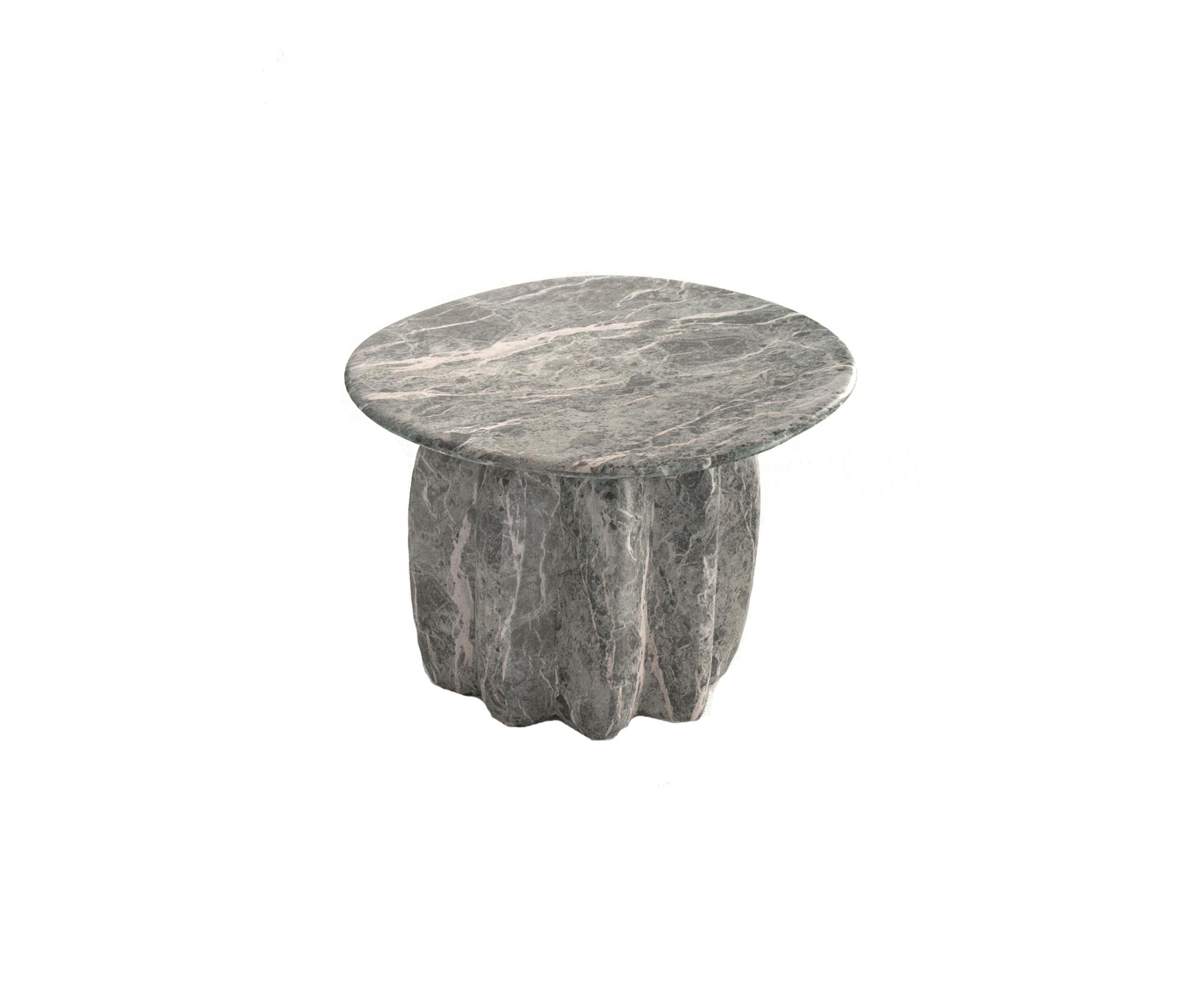 Low Bolero Marble Accent Table by Alter Ego Studio
Dimensions: D 57 x W 57 x H 40 cm. 
Materials: Grey Collemandina marble.
Available in other marbles.

The products are made from natural stone, so the pattern will be unique for each product.
Matte