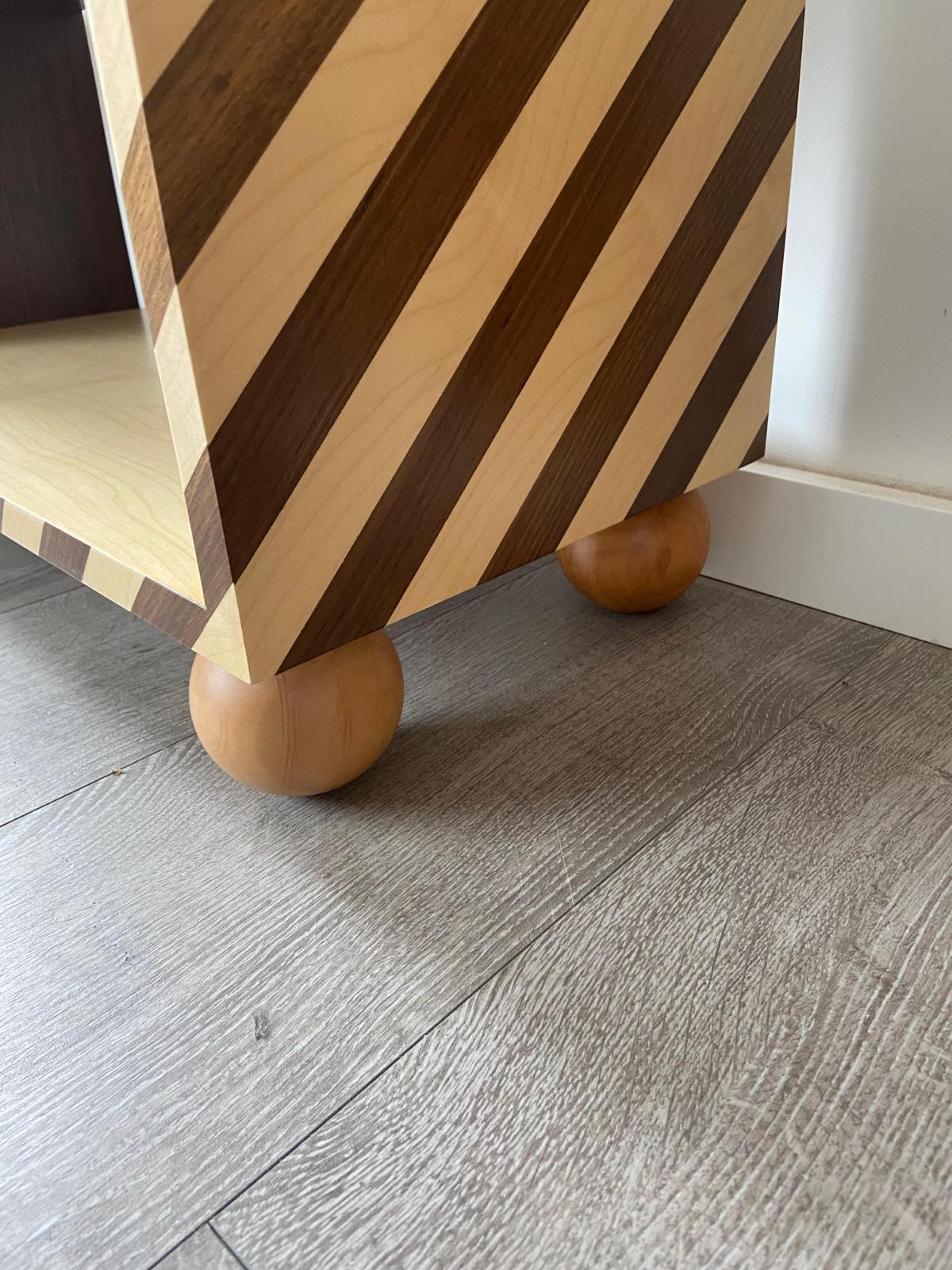 Low Bookase With Stripe Wood Veneers And Sphere Legs Contemporary Design For Sale 1