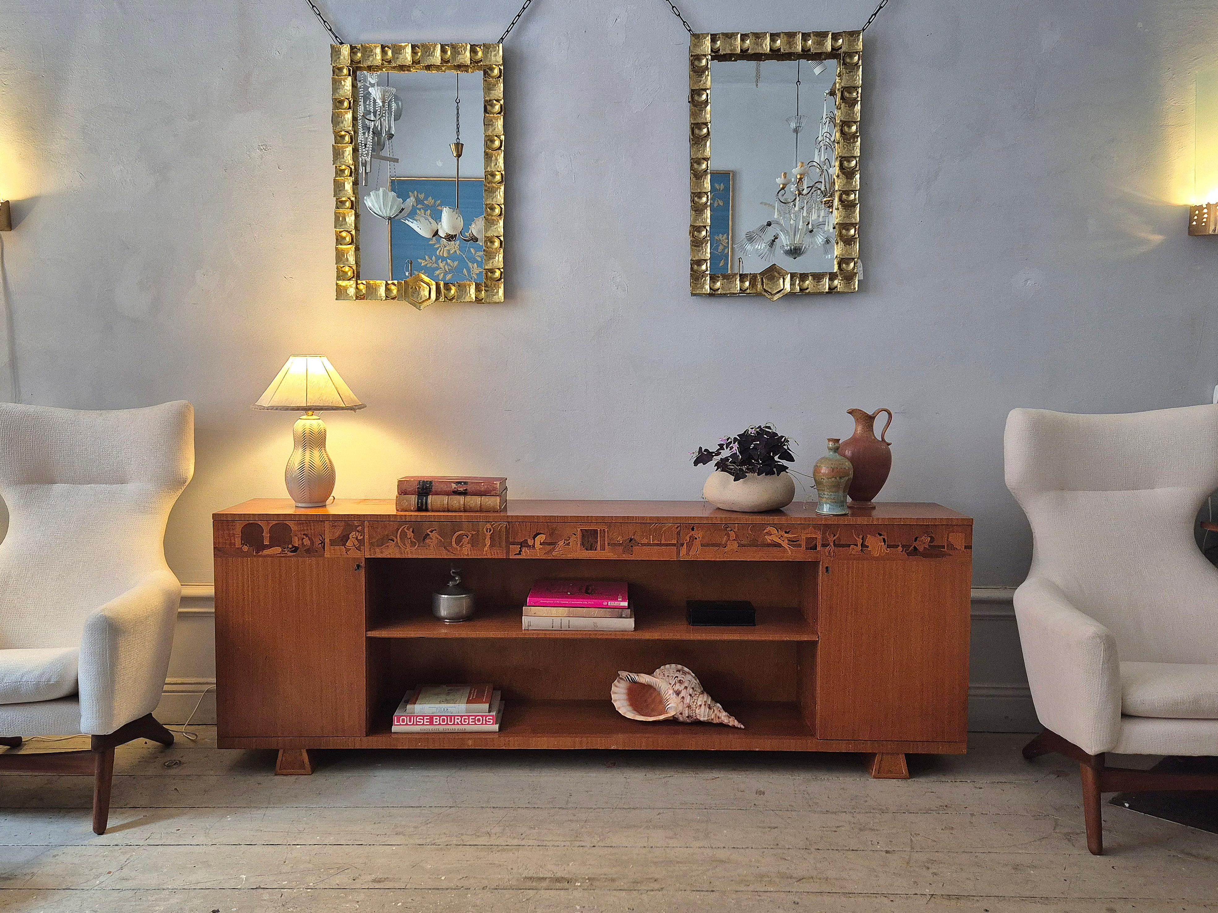 Scandinavian Modern Low bookcase / sideboard with intarsia 