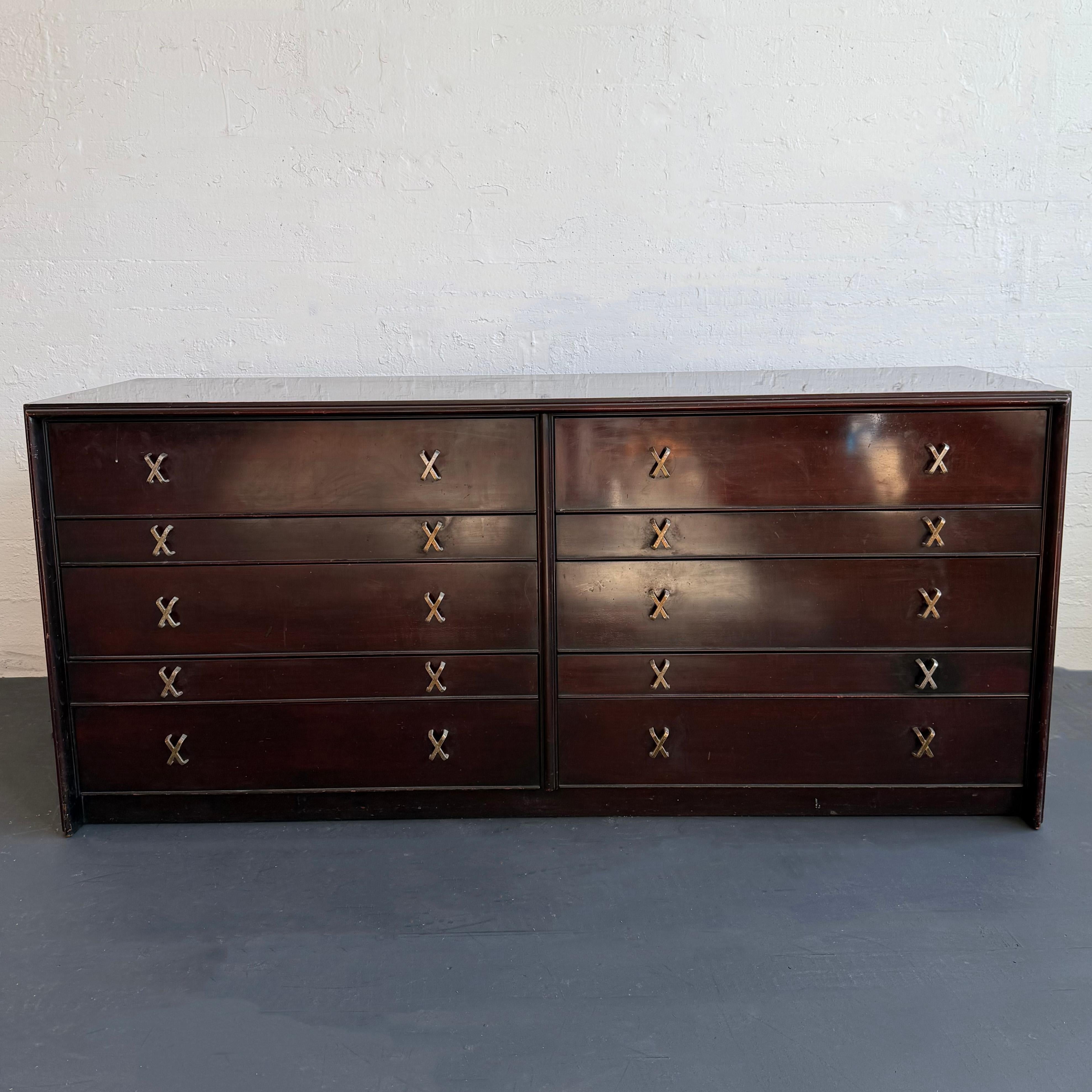 Low-Boy Dresser With Nickel X-Shaped Pulls By Paul Frankl For Johnson Furniture For Sale 4