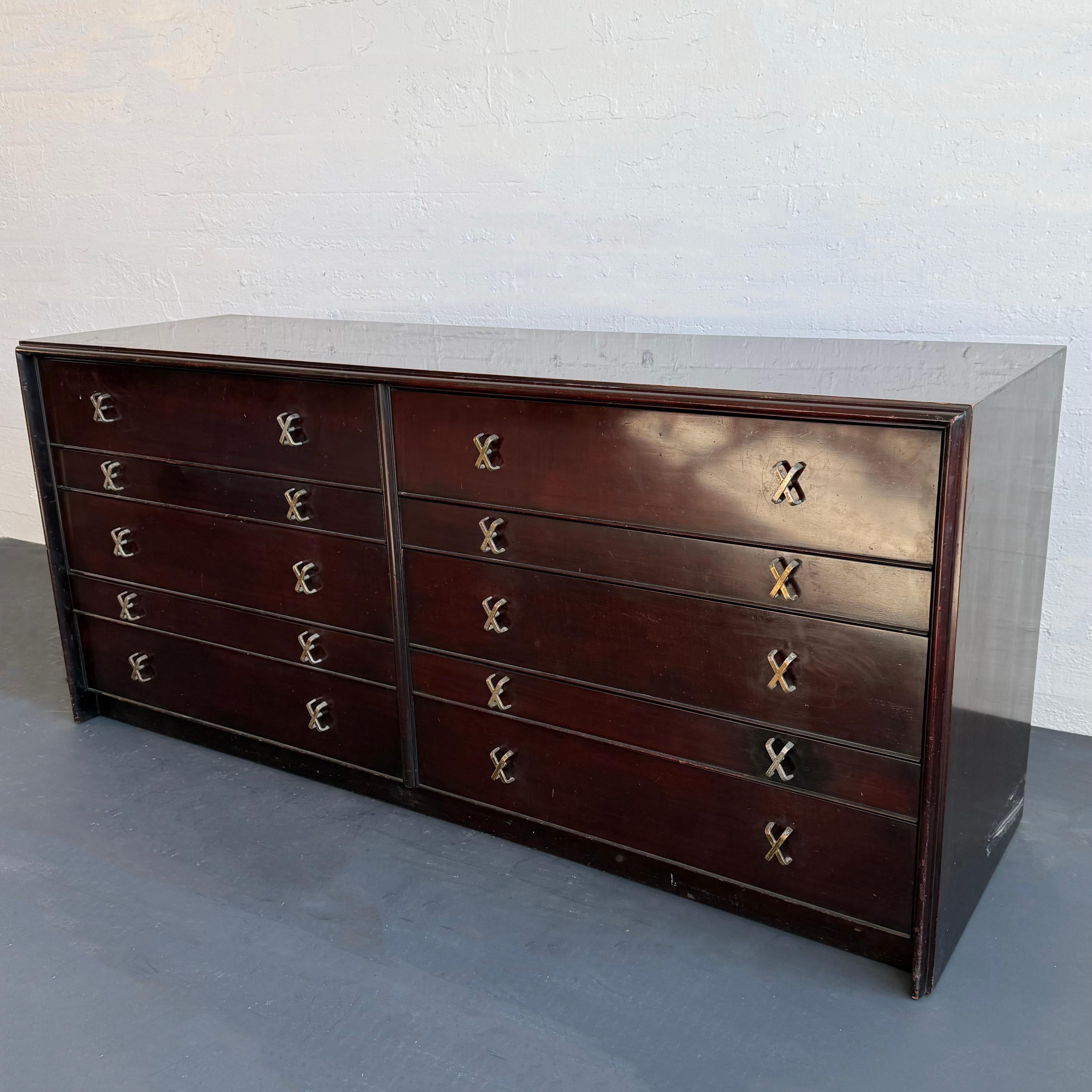 Mid-Century Modern Low-Boy Dresser With Nickel X-Shaped Pulls By Paul Frankl For Johnson Furniture For Sale