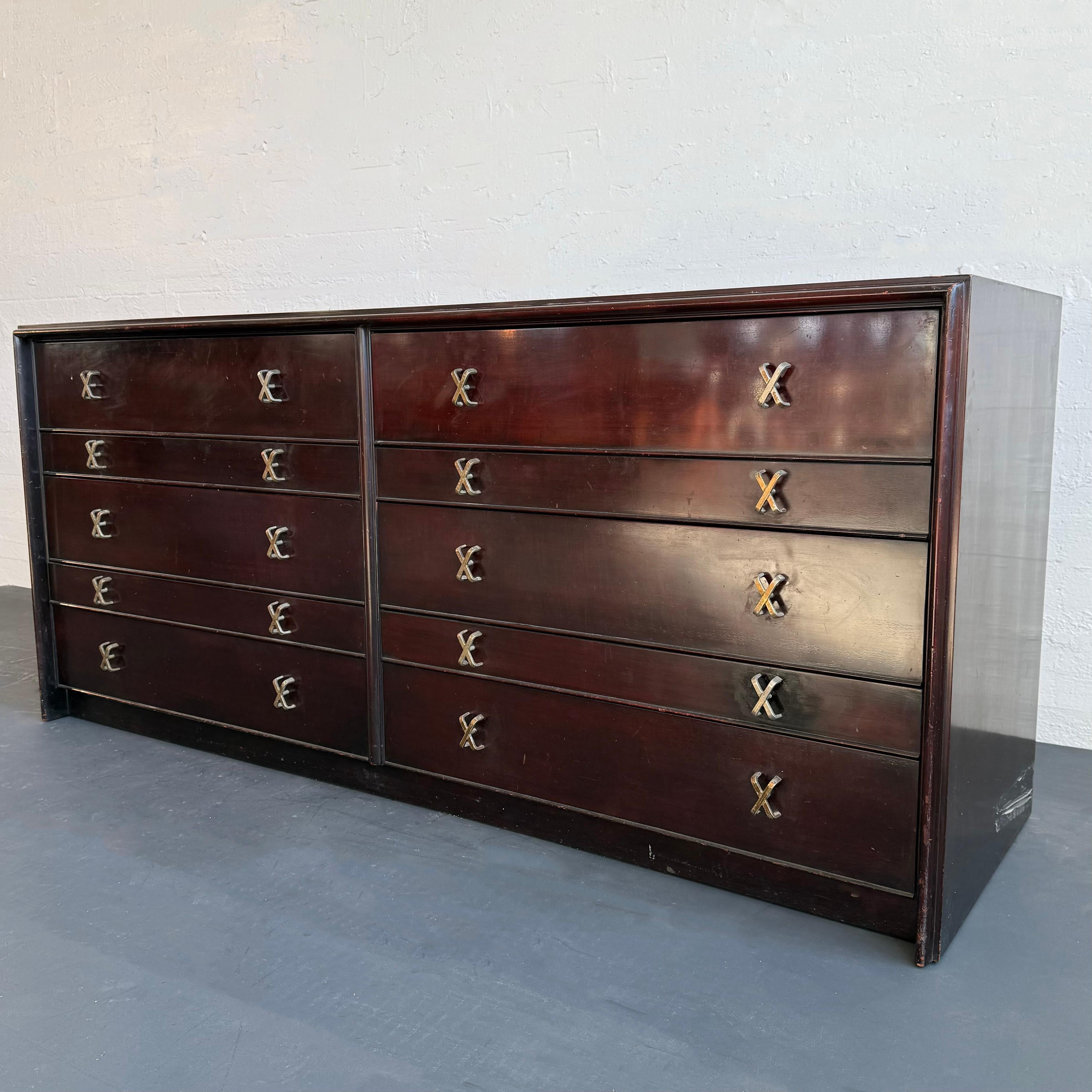 American Low-Boy Dresser With Nickel X-Shaped Pulls By Paul Frankl For Johnson Furniture For Sale