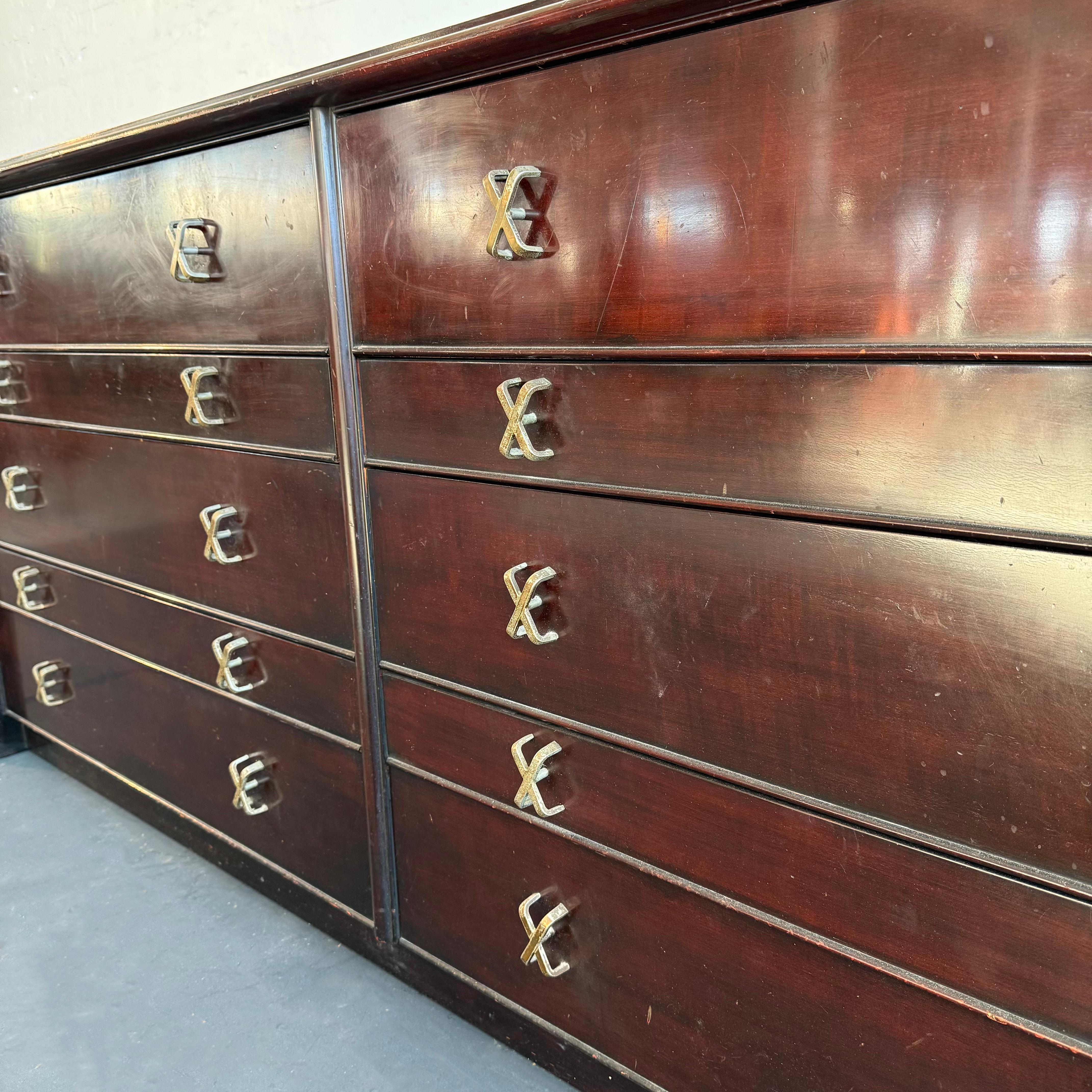 Low-Boy Dresser With Nickel X-Shaped Pulls By Paul Frankl For Johnson Furniture In Good Condition For Sale In Brooklyn, NY