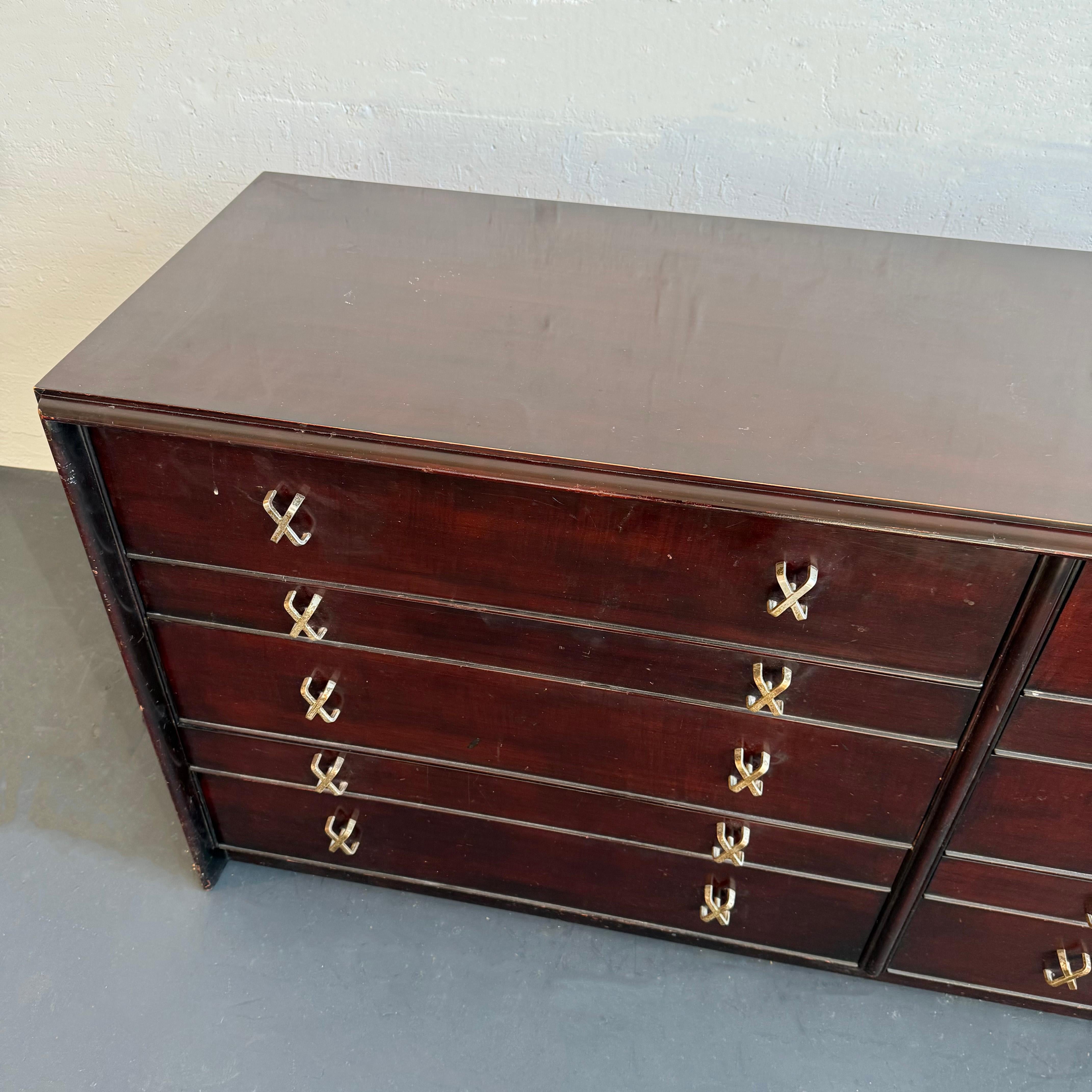 Low-Boy Dresser With Nickel X-Shaped Pulls By Paul Frankl For Johnson Furniture For Sale 1