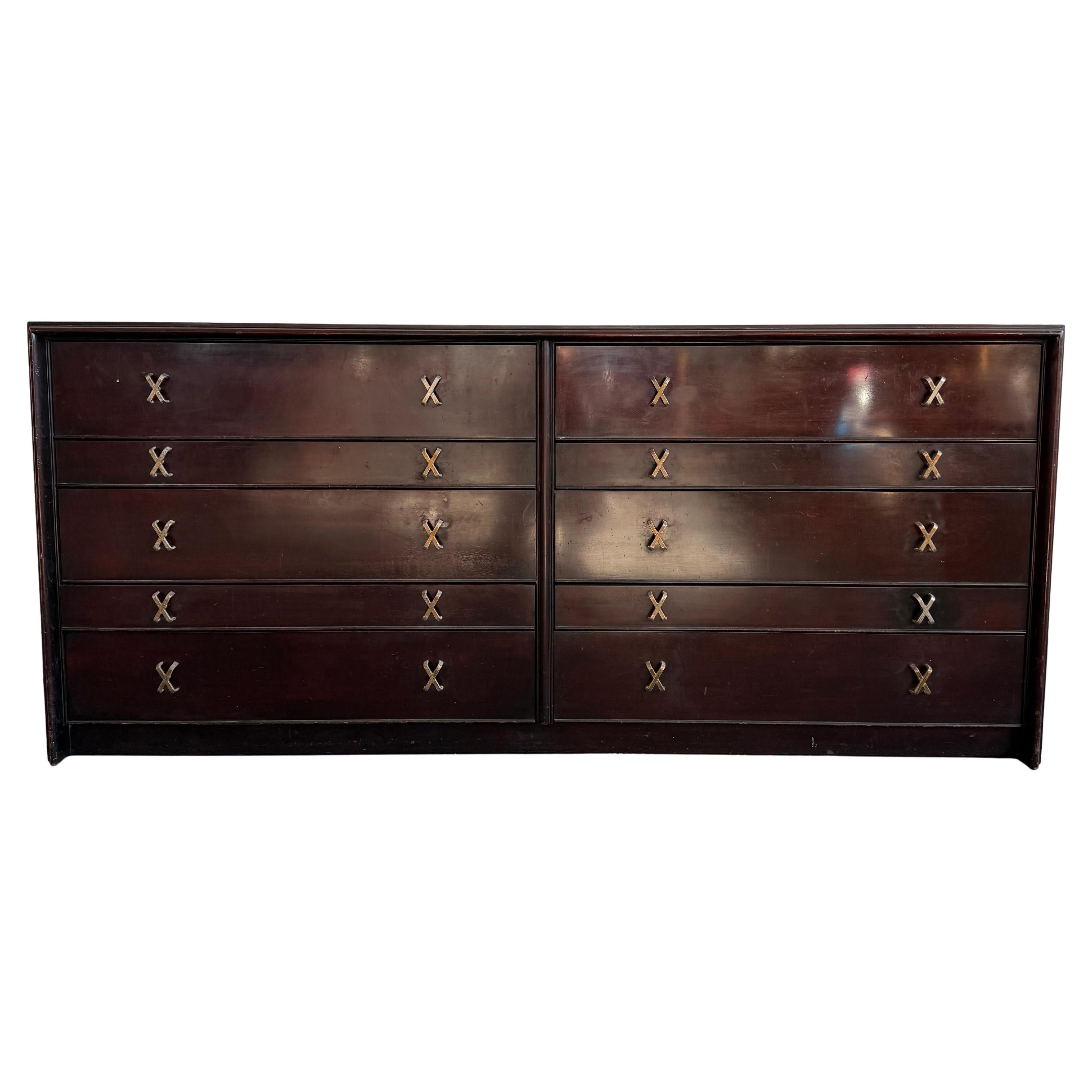 Low-Boy Dresser With Nickel X-Shaped Pulls By Paul Frankl For Johnson Furniture For Sale