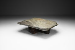 Low Brutalist Coffee Table with Slate Tabletop, Spain 1970s