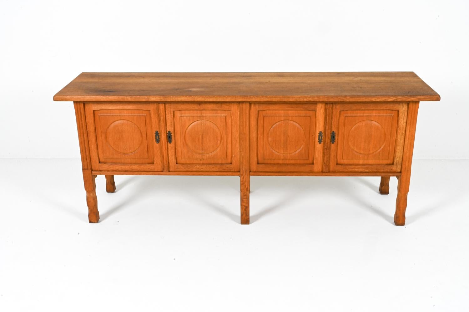 Brutalist Low Carved Oak Sideboard By Henning Kjaernulf, Denmark 1960's For Sale