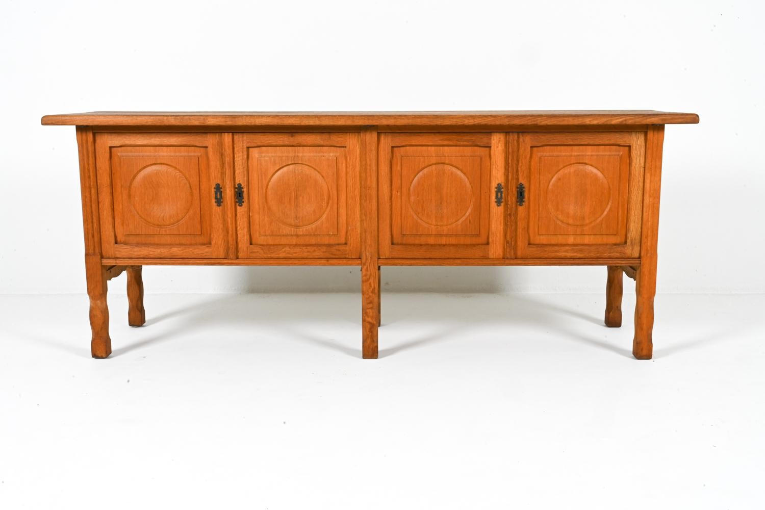 Brutalist Low Carved Oak Sideboard By Henning Kjaernulf, Denmark 1960's