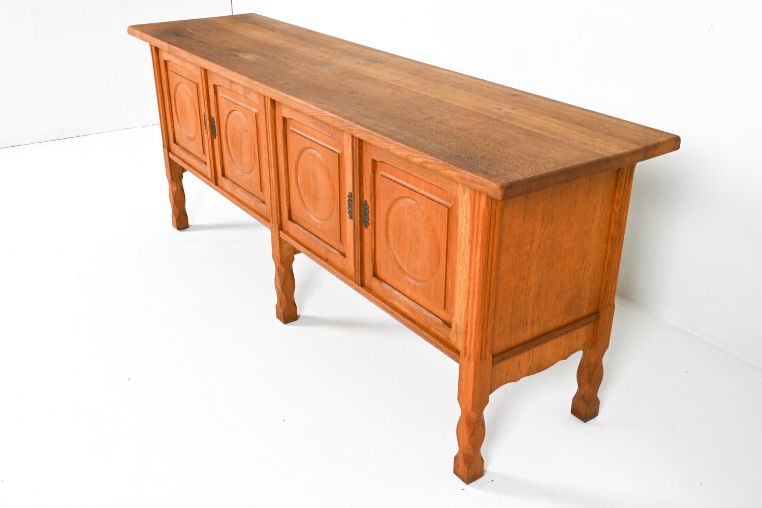 Low Carved Oak Sideboard By Henning Kjaernulf, Denmark 1960's For Sale 1