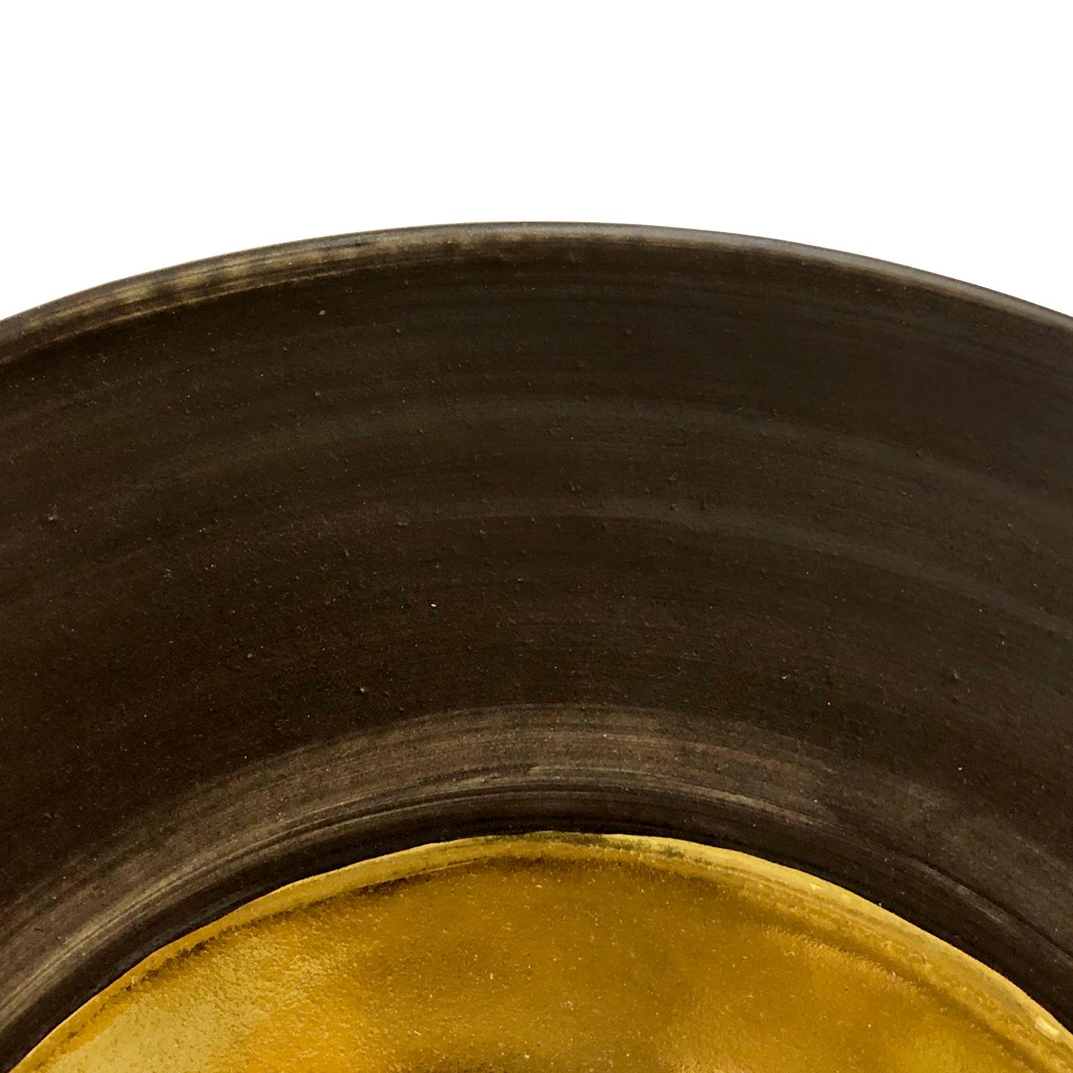 American Low Ceramic Bowl with Rust Glaze and 22K Gold Lustre Interior by Sandi Fellman