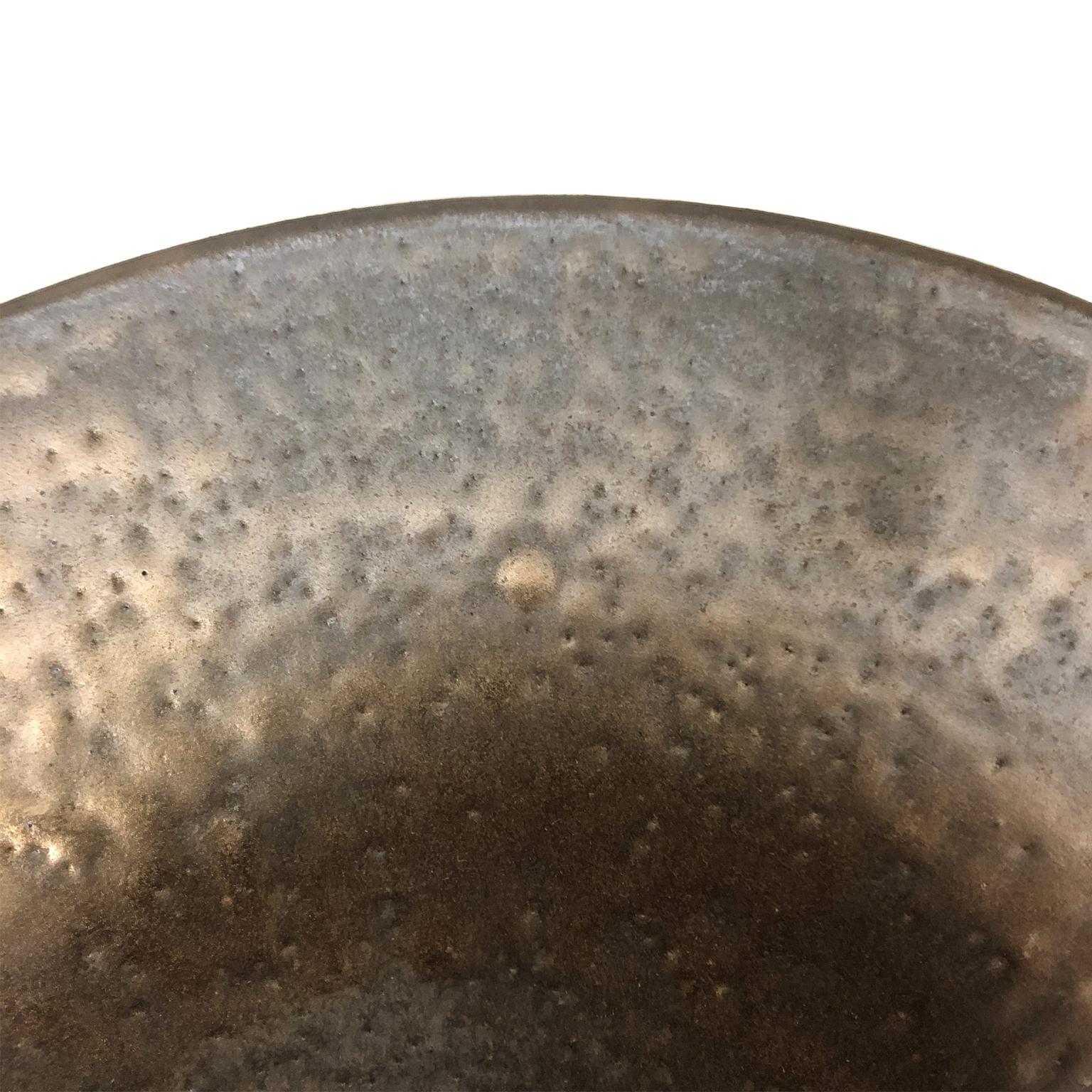 American Low Ceramic Pedestal Bowl with Dappled Bronze Glaze by Sandi Fellman For Sale