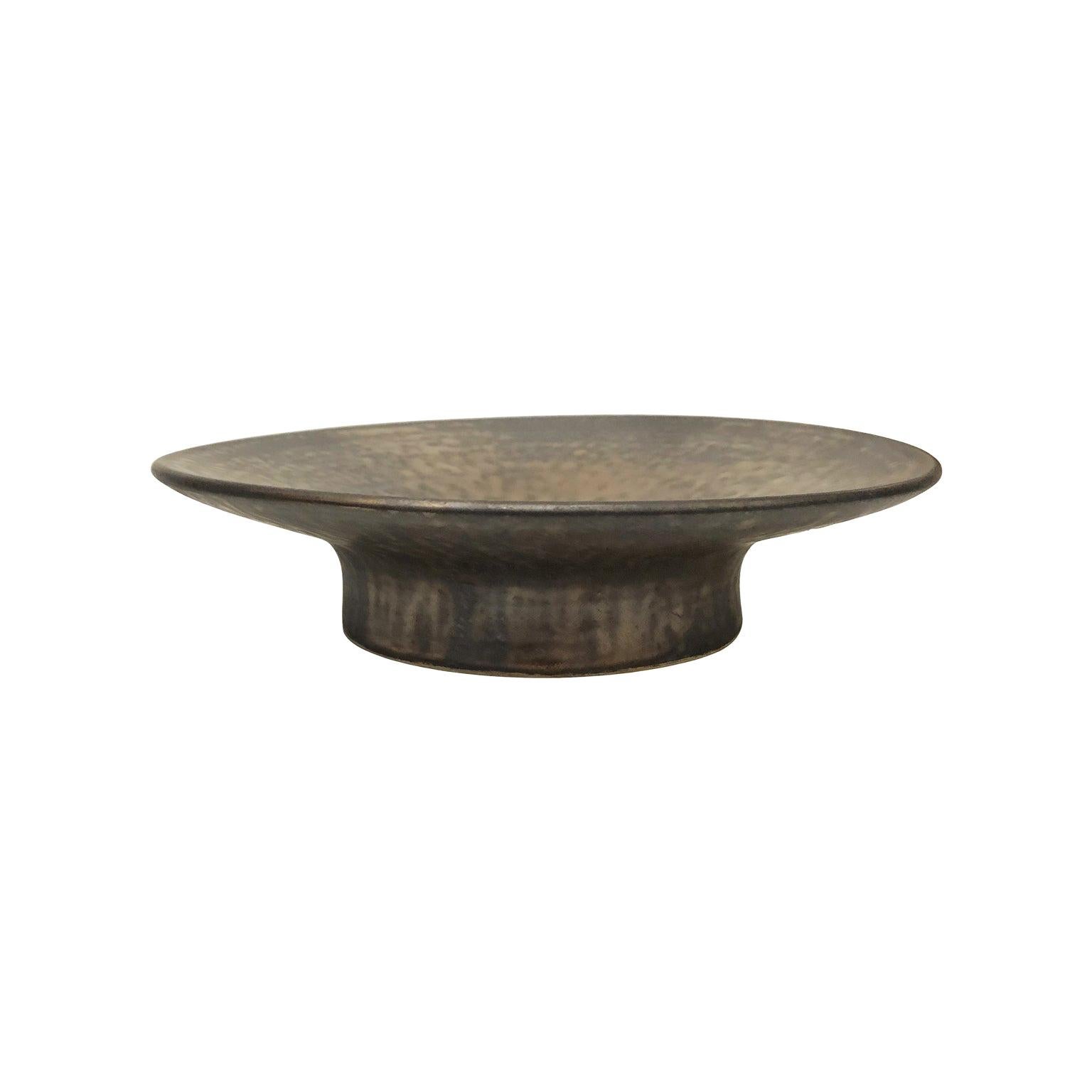 Low Ceramic Pedestal Bowl with Dappled Bronze Glaze by Sandi Fellman For Sale