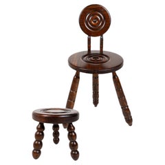 Poltroncina e sgabello in legno tornito, in stile Wood Wood, Francia, anni 
40