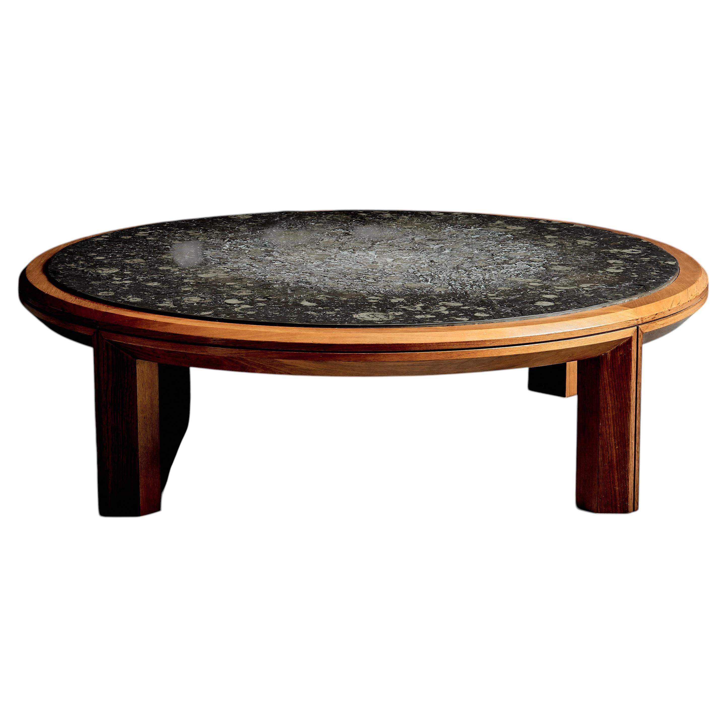 Low Coffee Table with round Slate Top France, 1970s