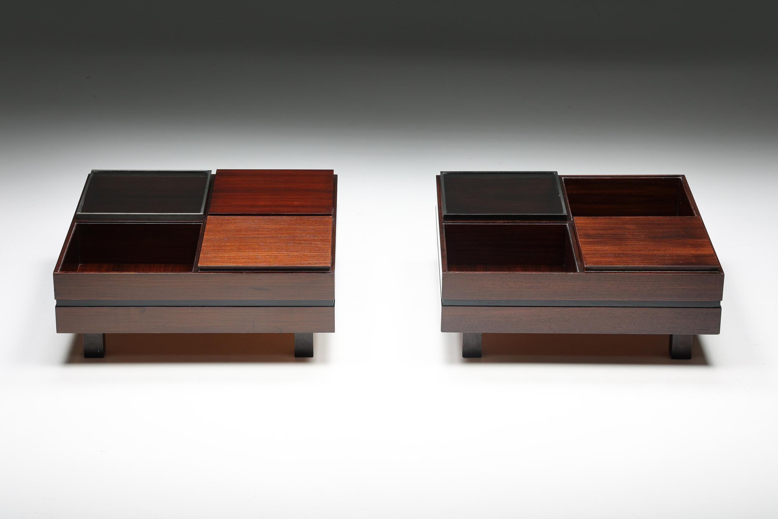 Coffee table; cocktail table; removable trays; Carlo Hauner; Forma; Italy; 1970s; Italian Design; Storage Table; Storage Unit; Martin Eisler; Teak; Glass; Wood; Mid-Century Modern;

These remarkable coffee tables with removable trays were designed