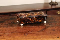 Low Elongated 19th Century English Tortoiseshell Box with Bone Ball Feet