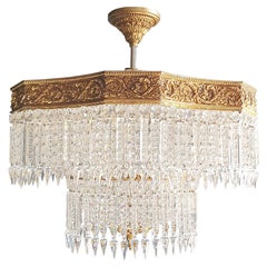 Low Flat Plafonnier Crystal Chandelier Brass Antique Gold