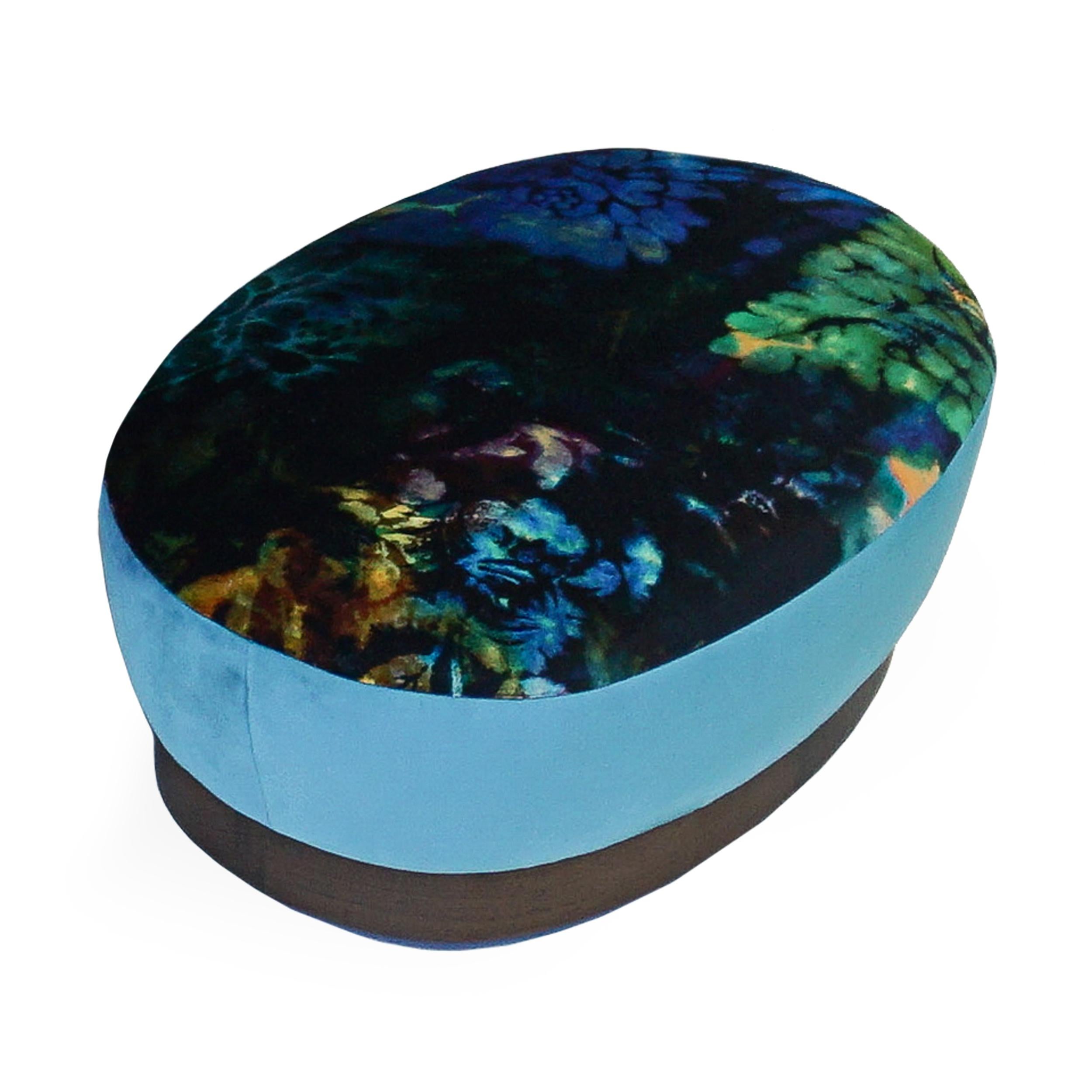 *This piece is referenced in another listing as the accompanying ottoman to a tub lounge chair and is also sold stand-alone. Customize with your own fabrics. Shown in turquoise velvet with psychedelic floral vevlet.

Measurements:
Overall: 21”W x