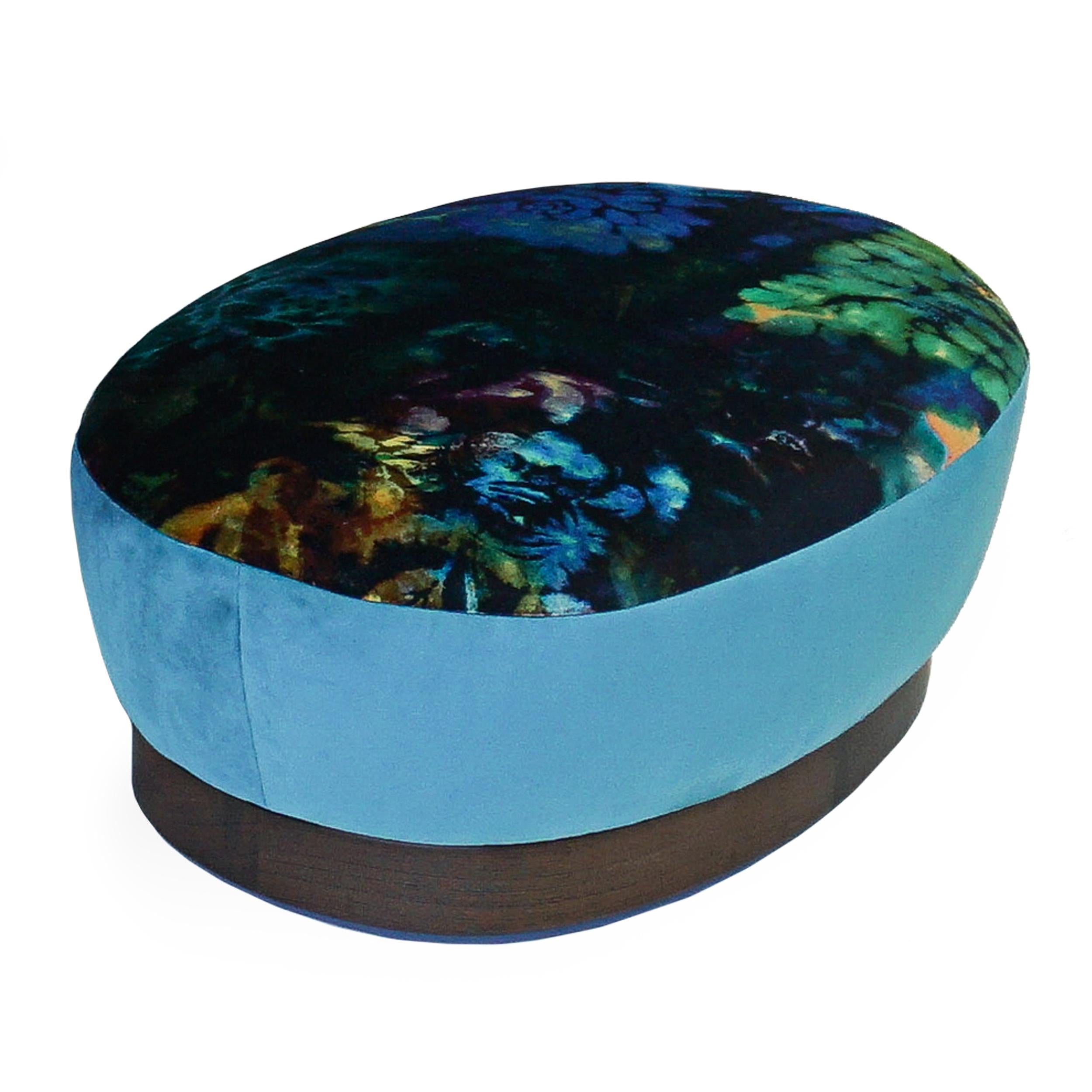 Modern Low Footstool Ottoman with Solid Hardwood Base and Flared Upholstered Top For Sale