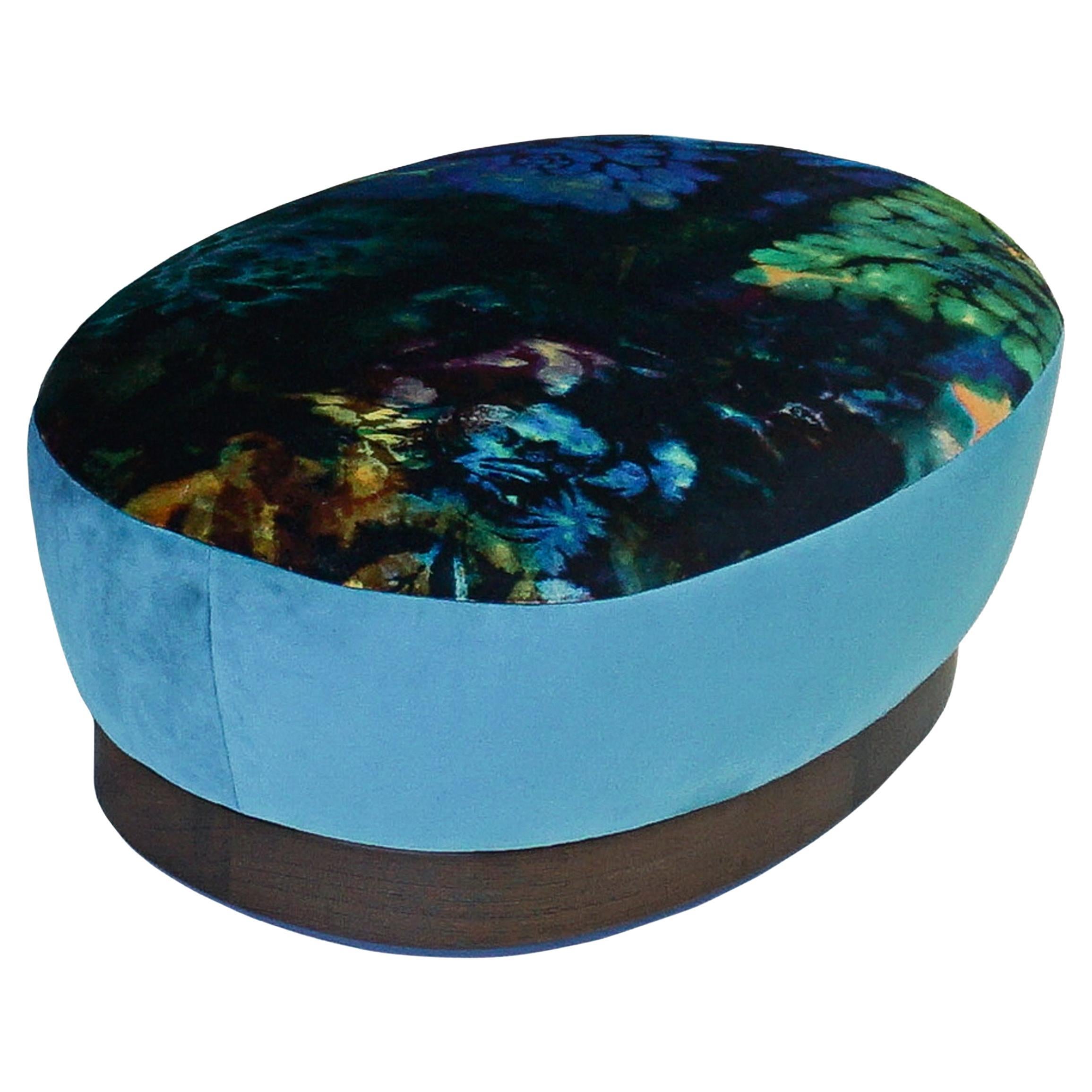 Low Footstool Ottoman with Solid Hardwood Base and Flared Upholstered Top For Sale