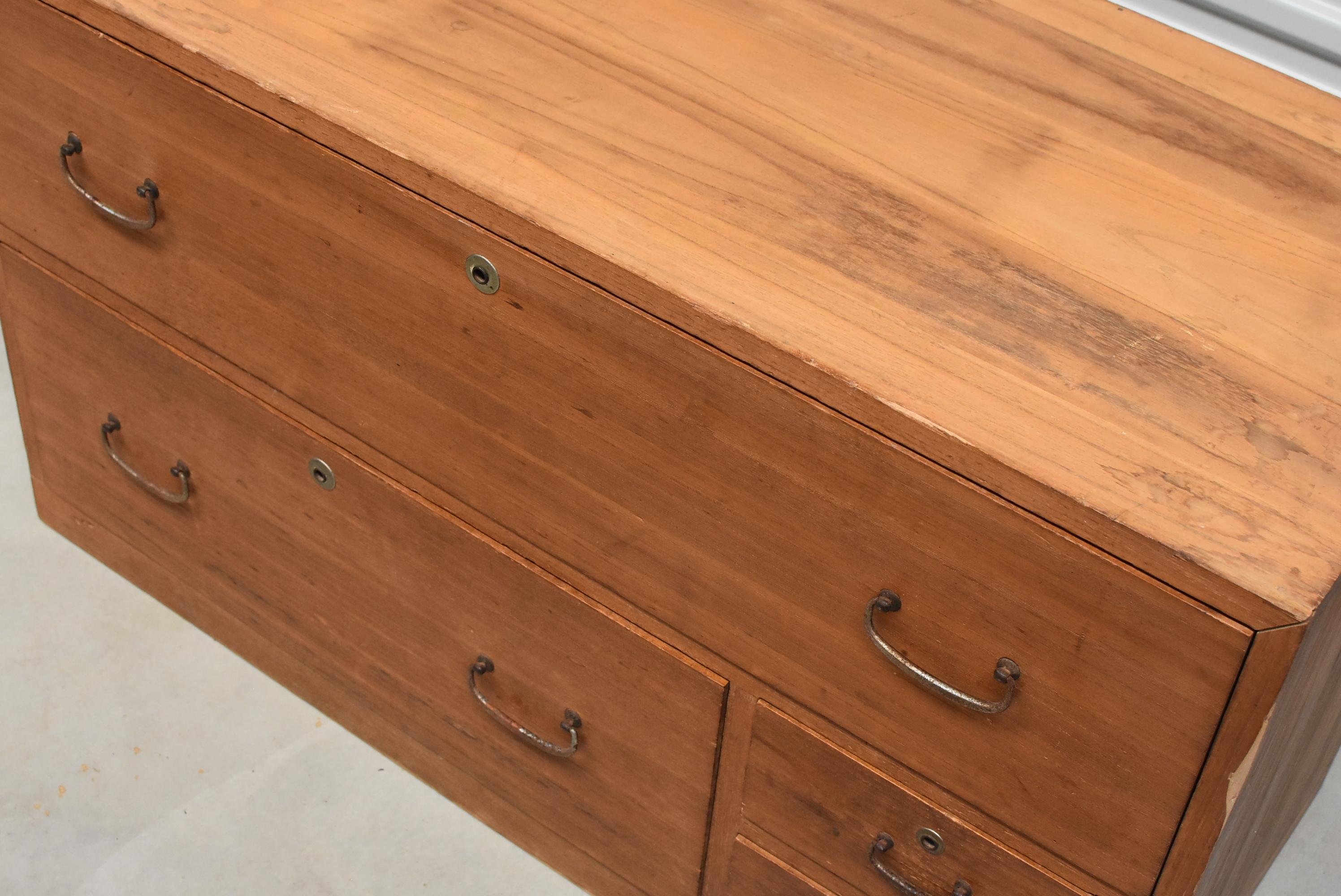 Meiji Low Four-Drawer Japanese Tansu Chest in Natural Finish