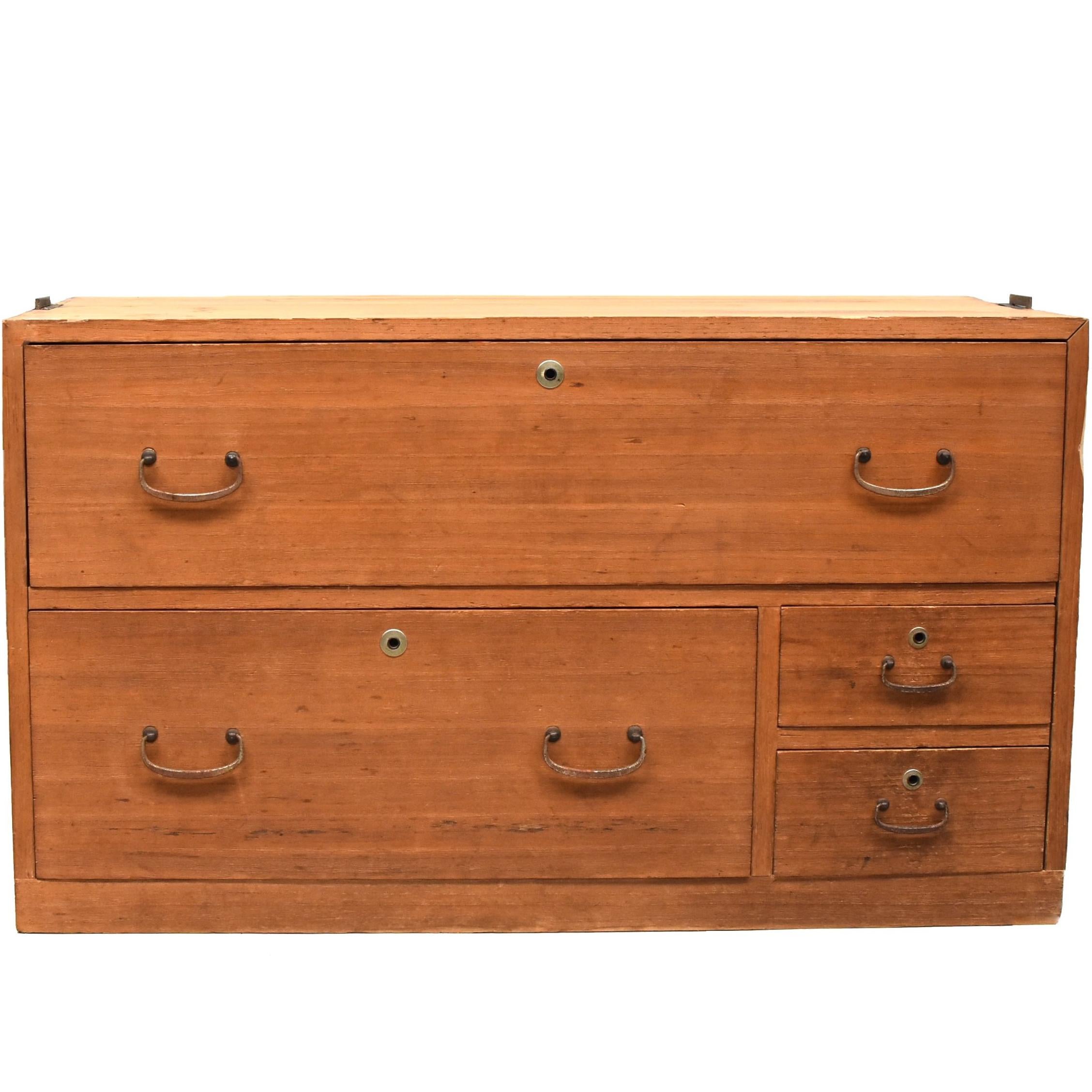 Low Four-Drawer Japanese Tansu Chest in Natural Finish