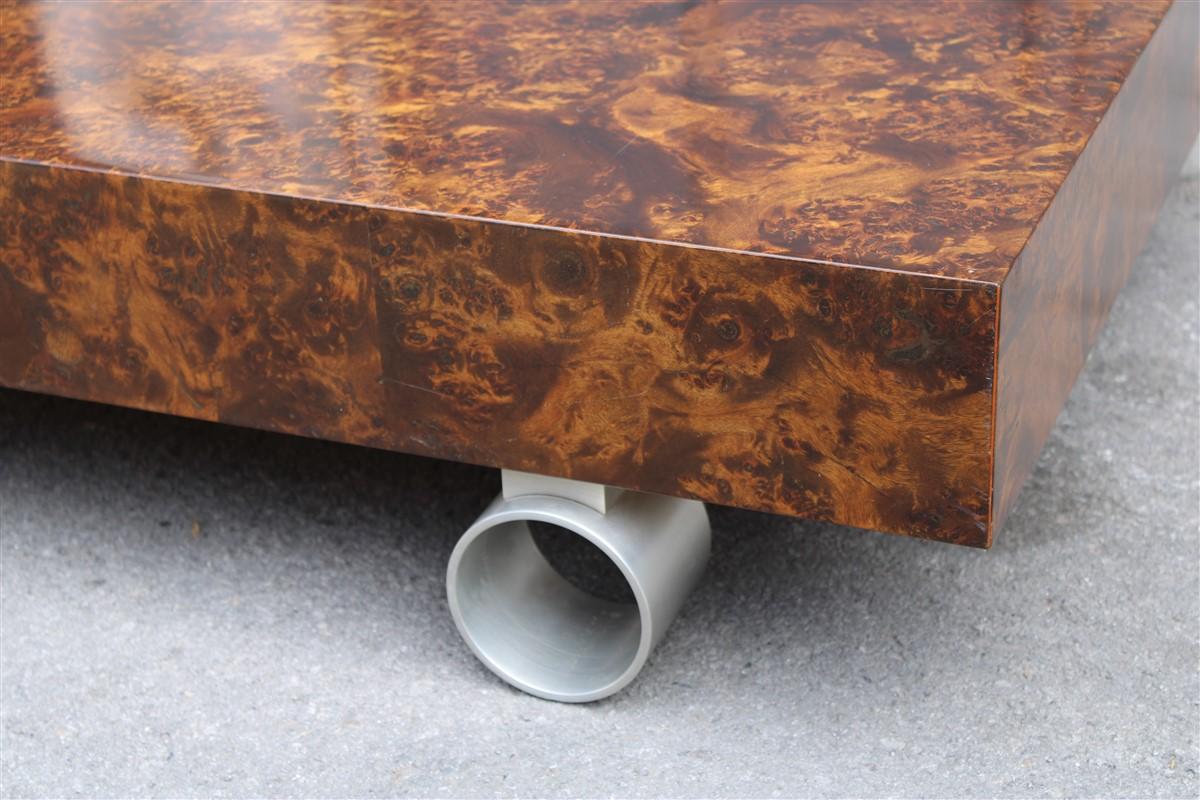 Low French coffee table briar walnut satin metal feet Paul Evans style, 1970s.