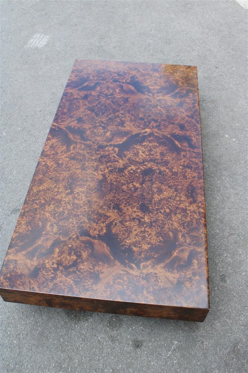 Mid-Century Modern Low French Coffee Table Briar Walnut Satin Metal Feet Paul Evans Style, 1970 For Sale