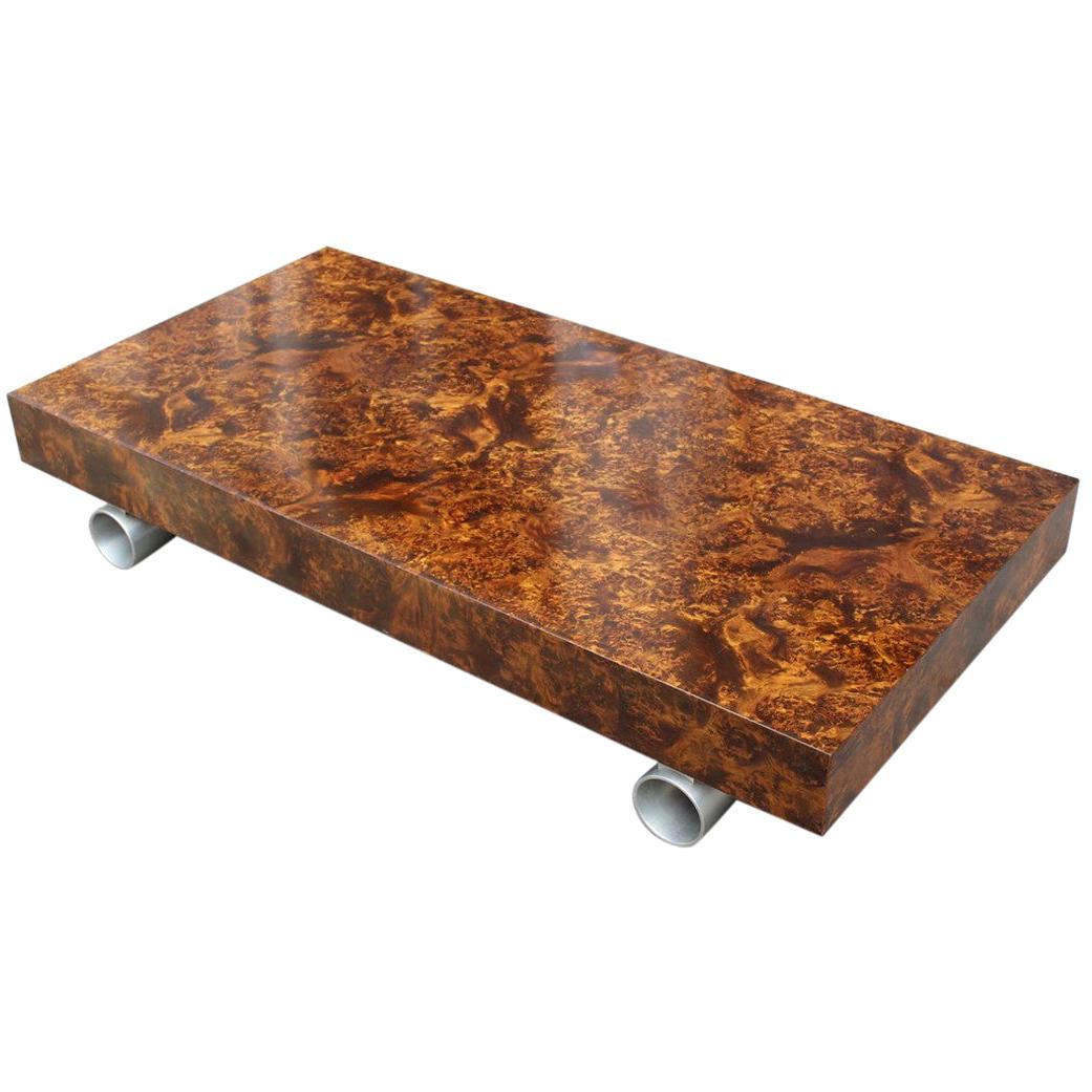 Low French Coffee Table Briar Walnut Satin Metal Feet Paul Evans Style, 1970 For Sale