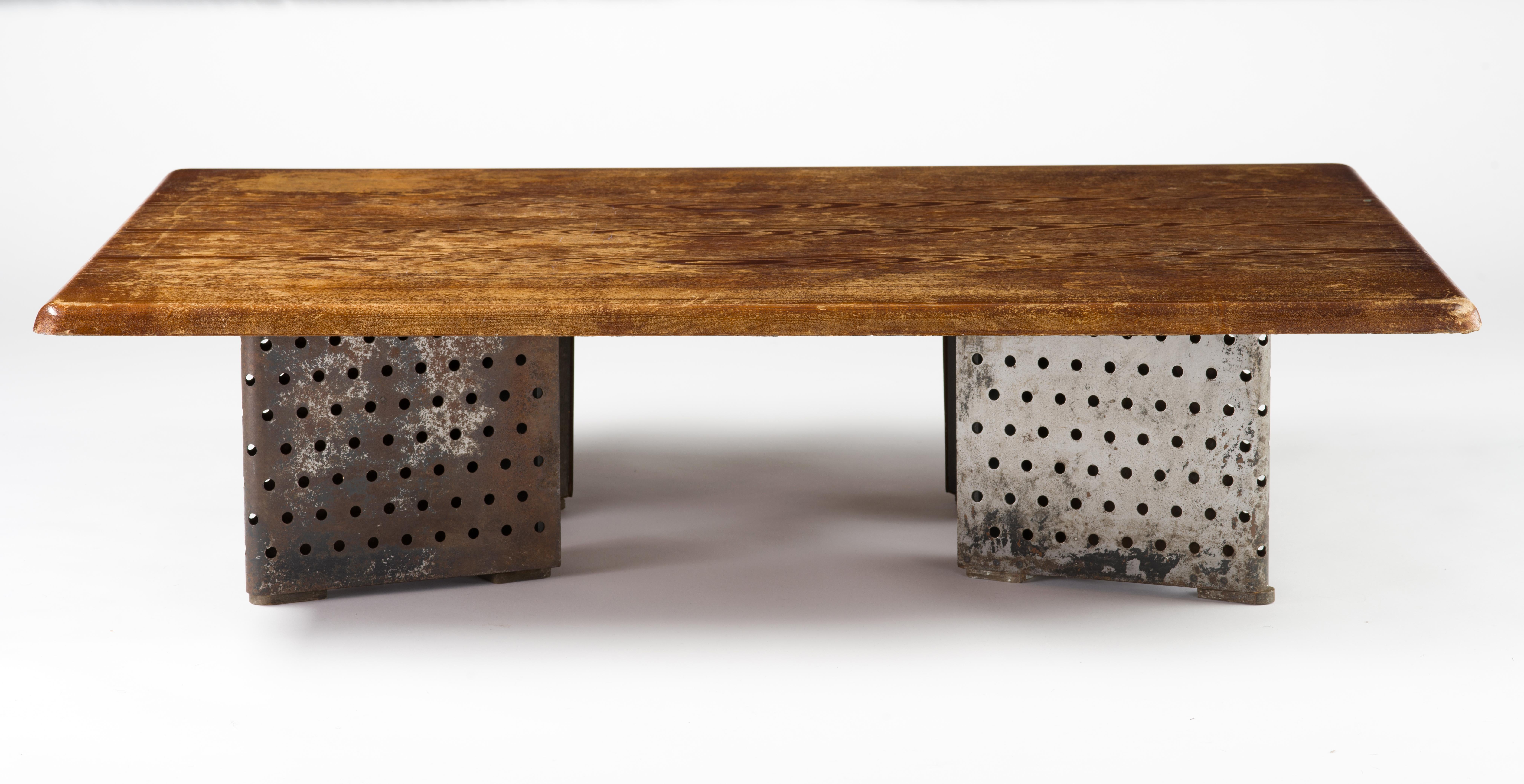Veneer Low French Modernist Table in Oak and Perforated Steel, circa 1955 For Sale