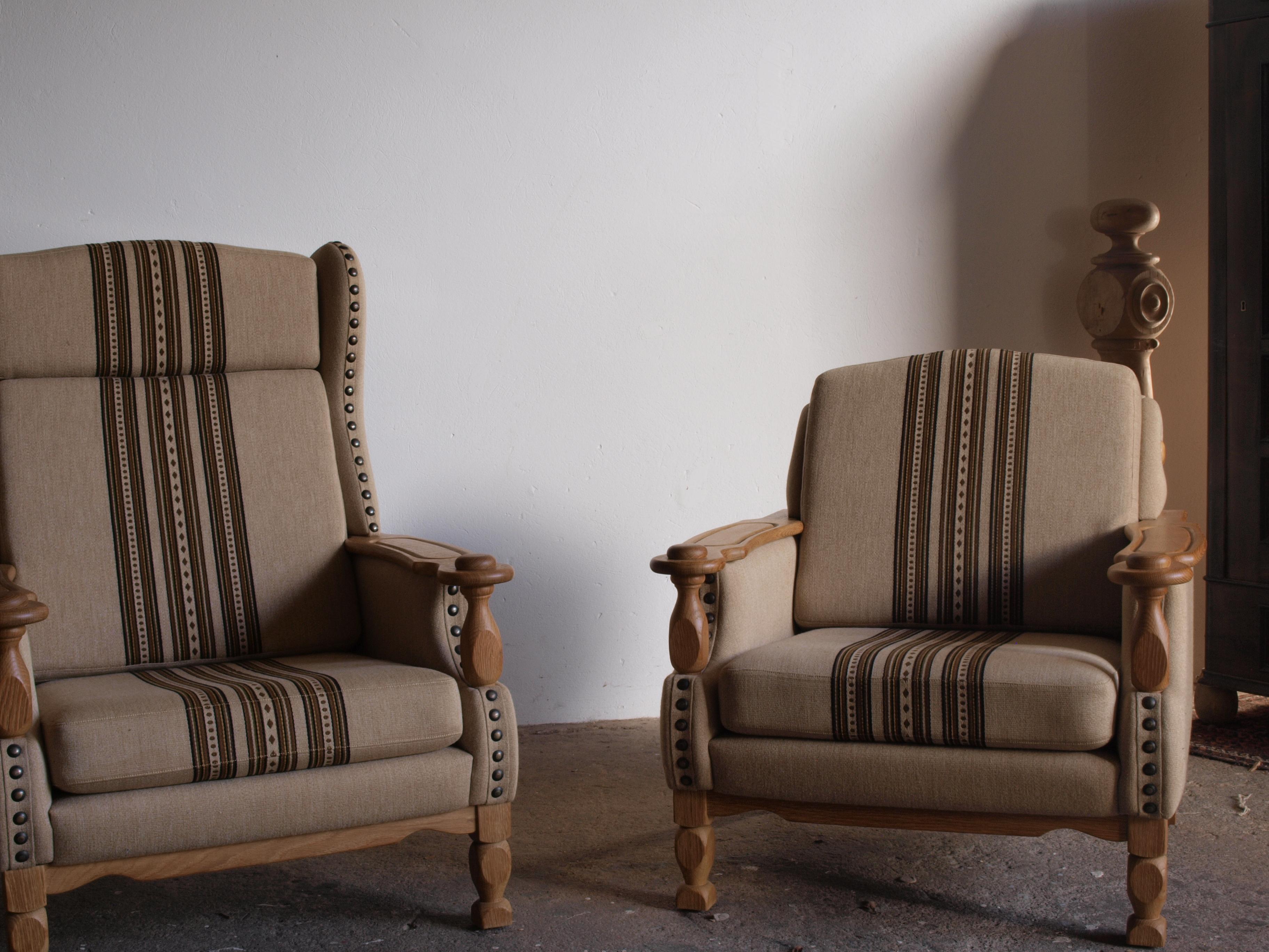 Danish Low & High Back Lounge Chairs in Oak attributed to Henning Kjærnulf, 1960s, Set  For Sale