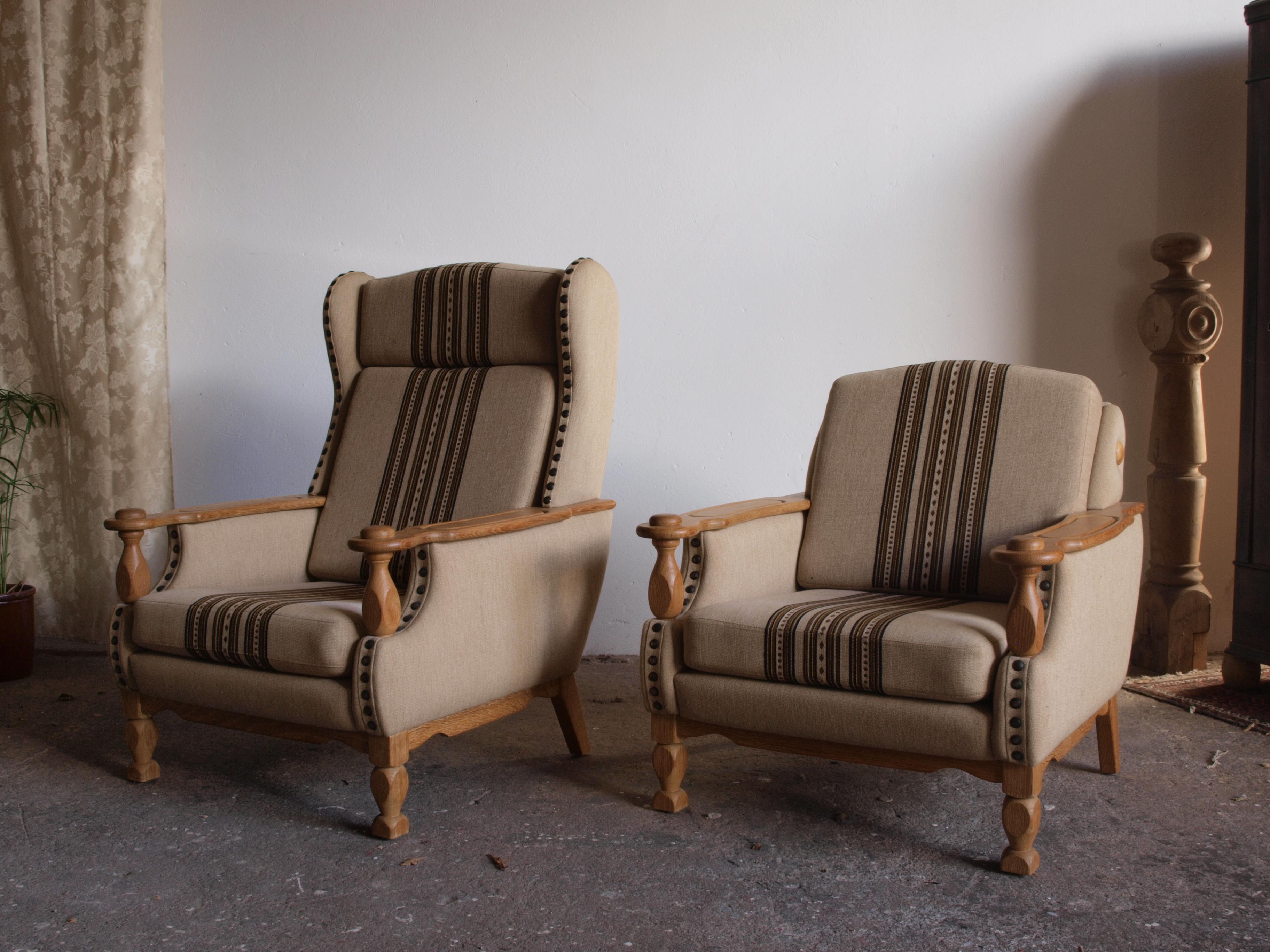 Low & High Back Lounge Chairs in Oak attributed to Henning Kjærnulf, 1960s, Set  In Good Condition For Sale In Store Heddinge, DK