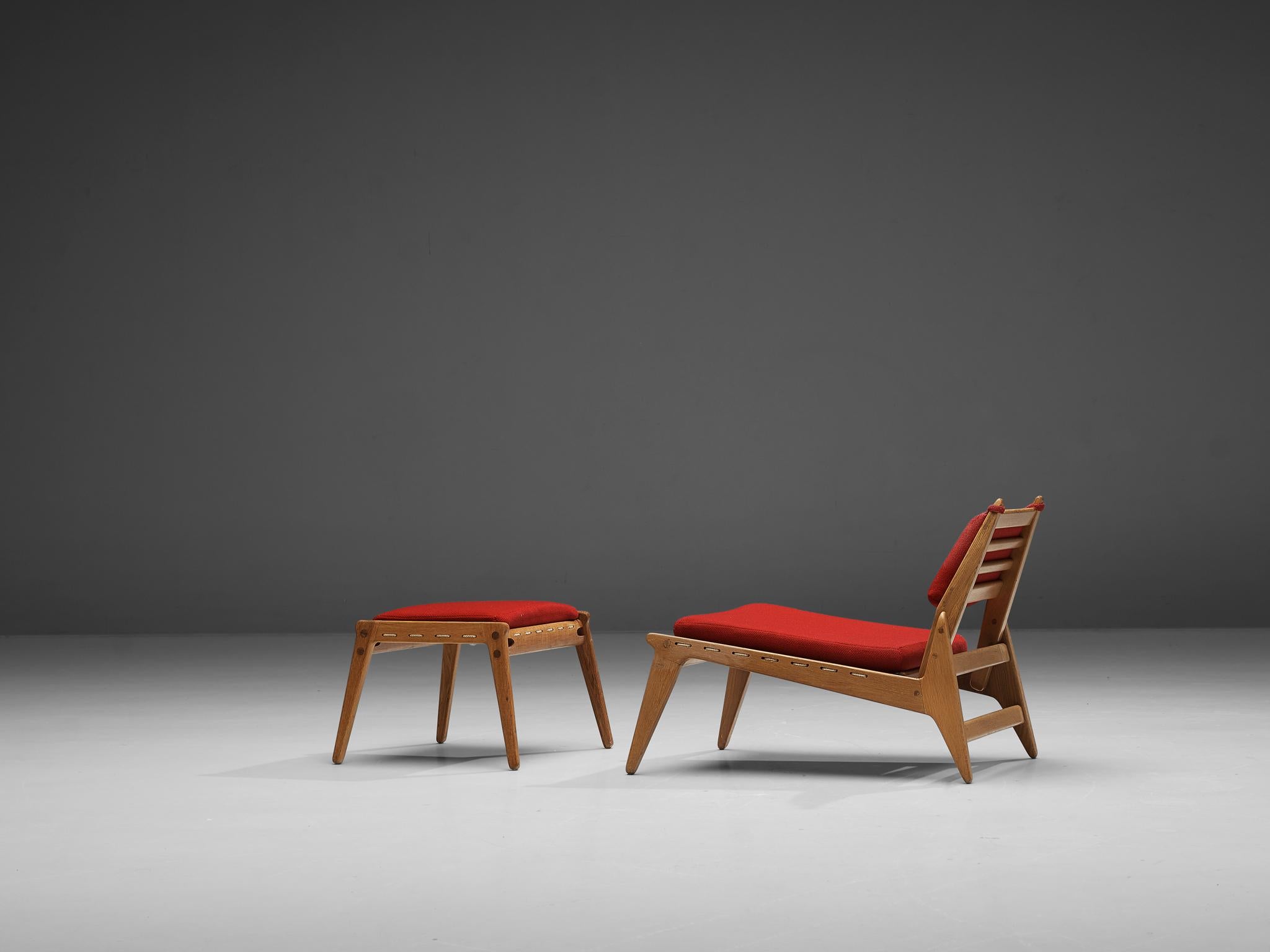 Hunting lounge chair with ottoman, oak, rope, fabric, Germany, 1960s

This relaxing chair shows a minimal design combined with great woodworking. An open character is created by the high legs and back. Besides the wood-joints the lace seating is