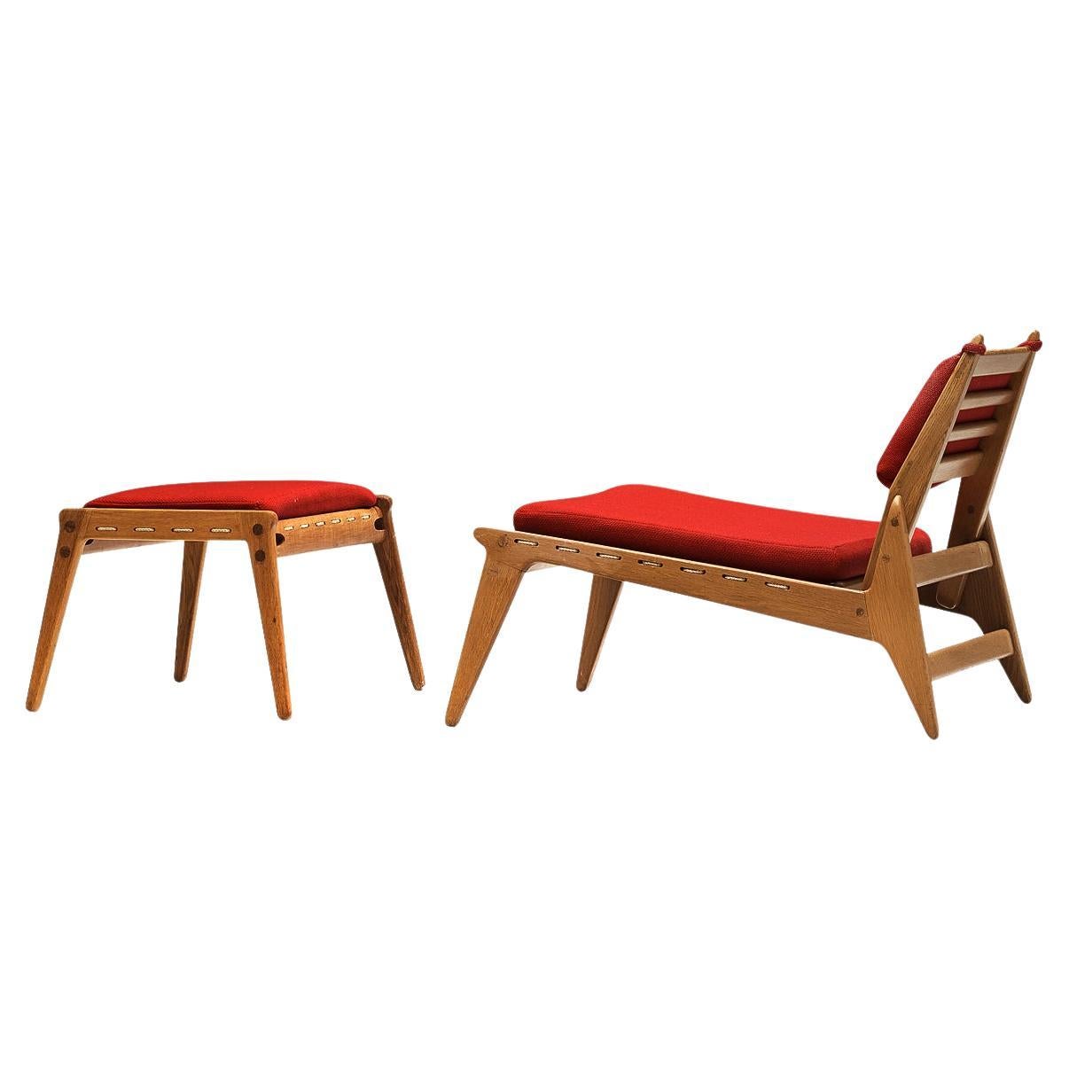 Low Hunting Lounge Chair with Ottoman in Oak and Red Upholstery  For Sale