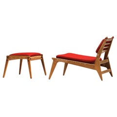 Low Hunting Lounge Chair with Ottoman in Oak and Red Upholstery 