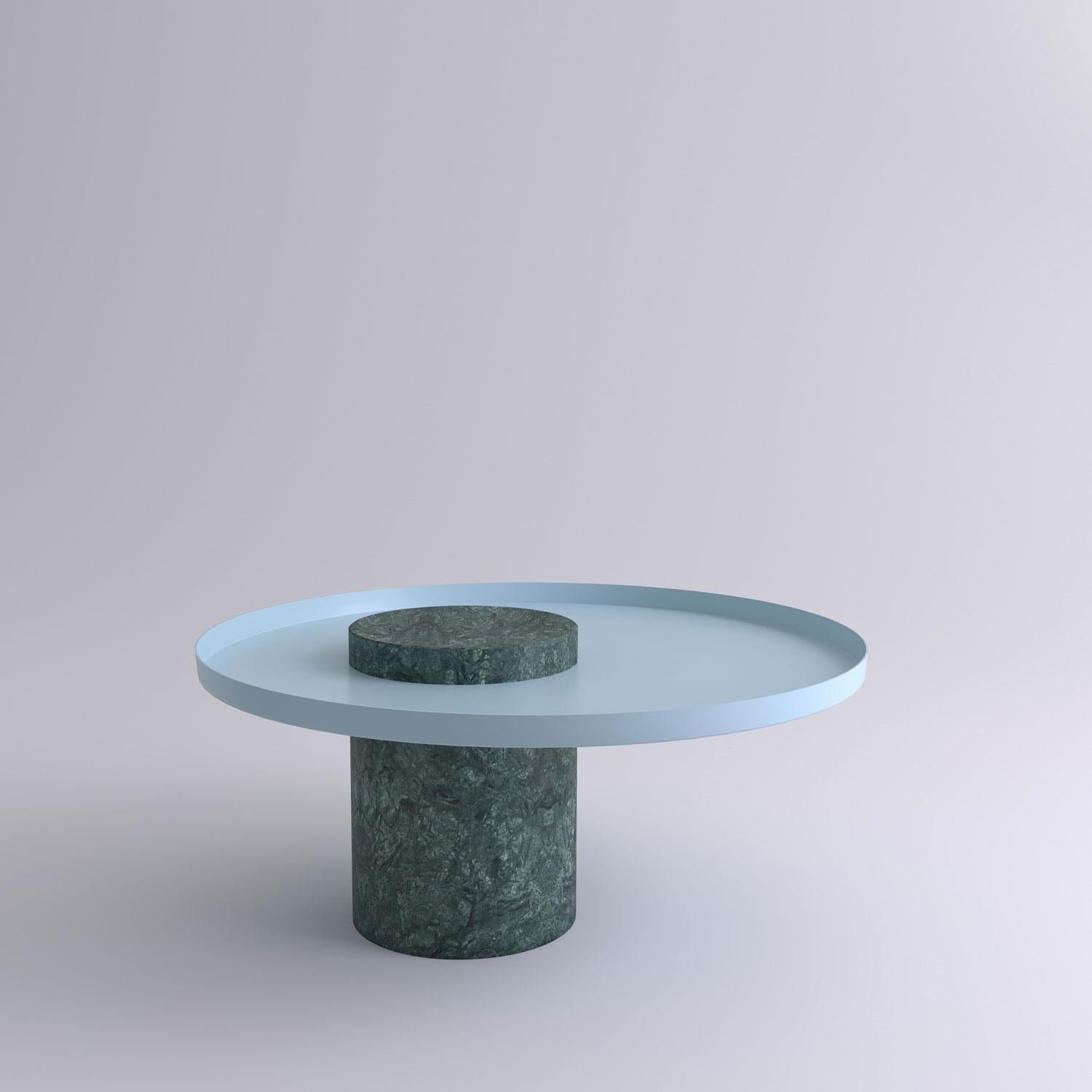 Low indian green marble contemporary guéridon, Sebastian Herkner
Dimensions: D 70 x H 33 cm
Materials: Indian Green marble, light blue metal tray

The salute table exists in 3 sizes, 4 different marble stones for the column and 5 different