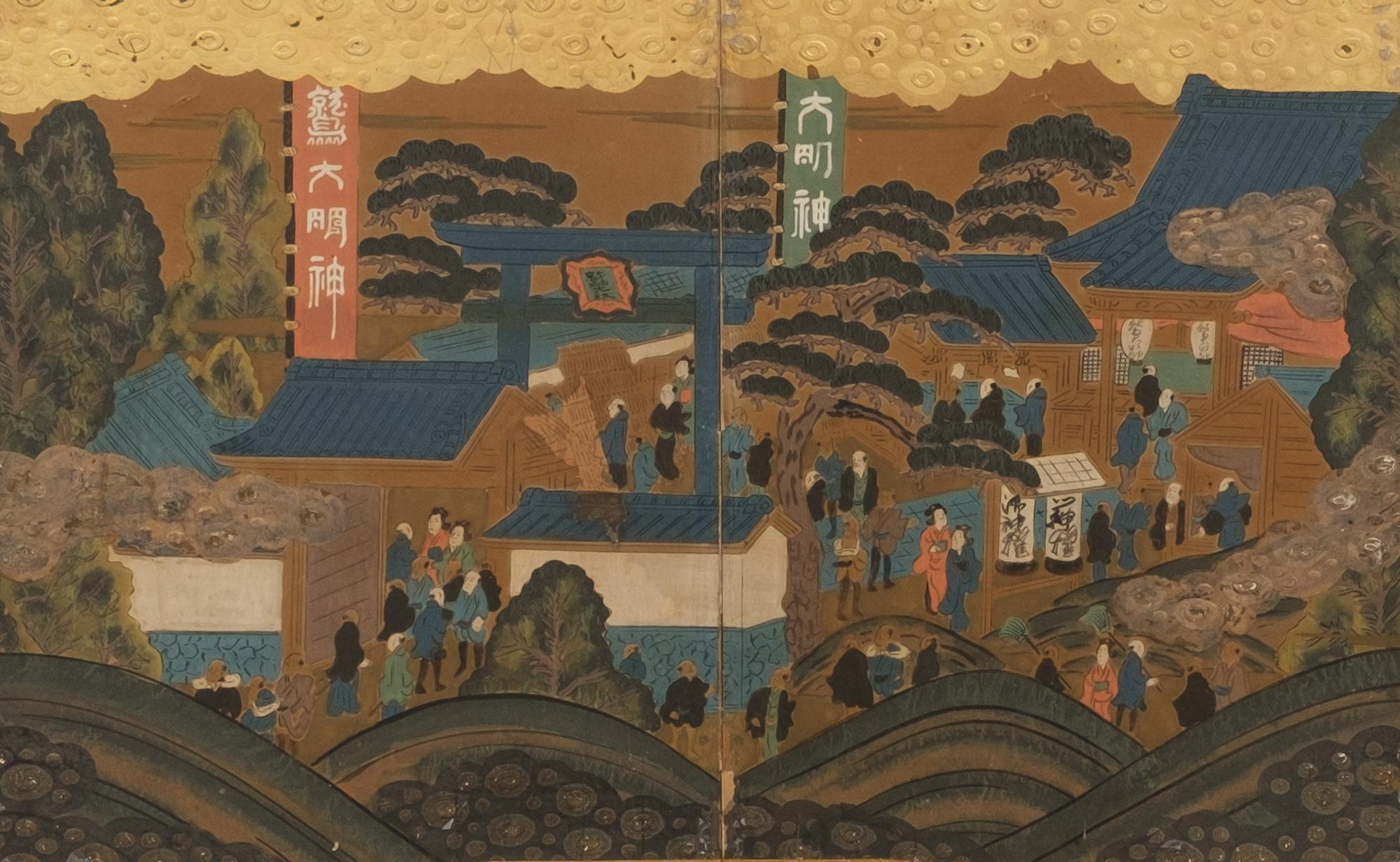 A nice, low, very decorative 6-panel byôbu (folding screen) features a continuous genre painting capturing various facets of daily life during the Edo period. It includes scenes such as boats leisurely sailing on a lake, lively activities within a