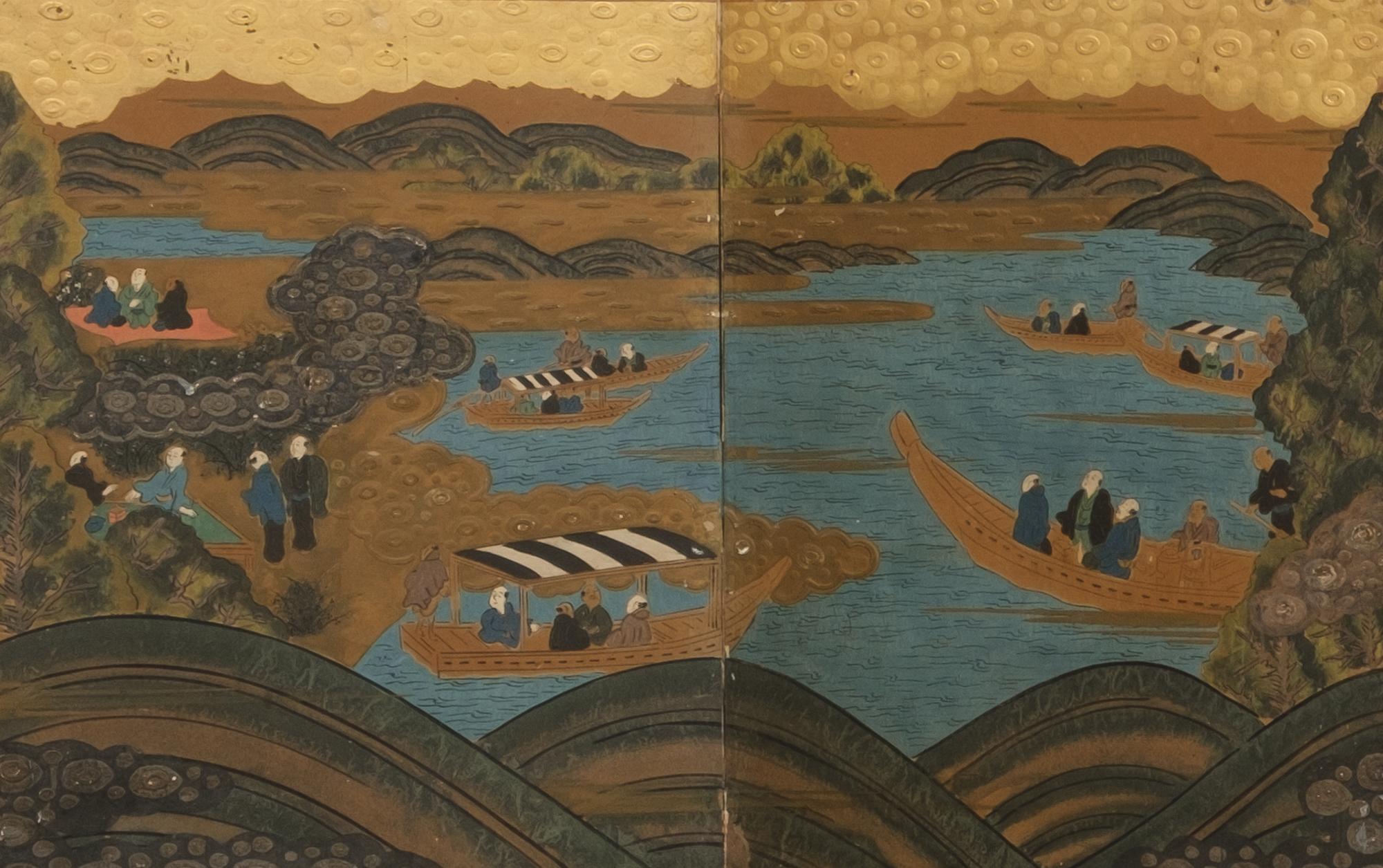 Niedriger japanischer 6-teiliger byôbu 屏風 (Faltschirm) mit Genremalerei (19. Jahrhundert) im Angebot
