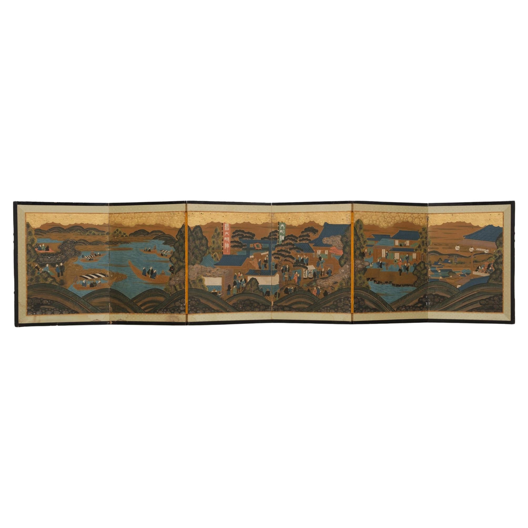 Low Japanese 6-panel byôbu 屏風 (folding screen) with genre painting For Sale