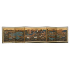 Low Japanese 6-panel byôbu 屏風 (folding screen) with genre painting