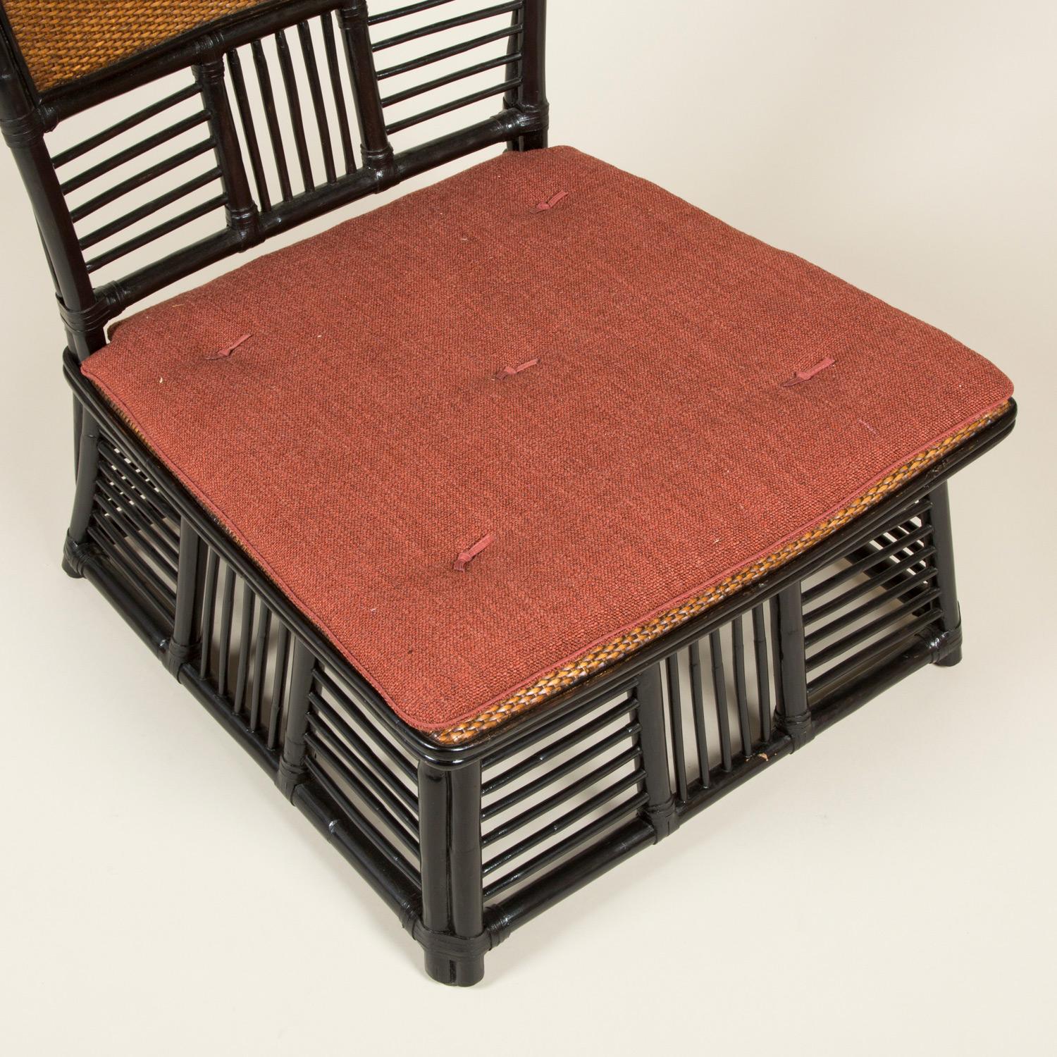 Ebonized Low Japanese Side Chair with a Slatted Frame and Caned Back and Seat For Sale