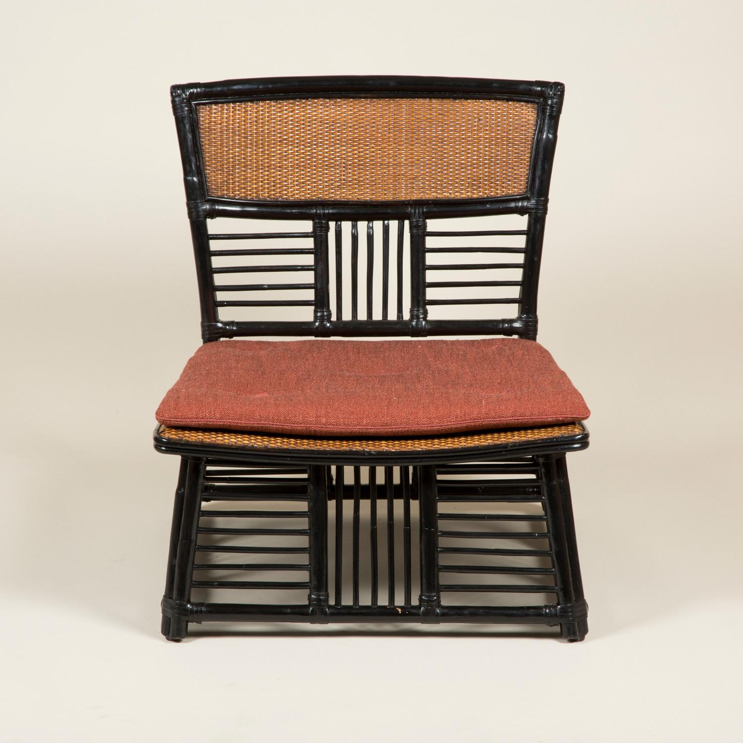 20th Century Low Japanese Side Chair with a Slatted Frame and Caned Back and Seat For Sale