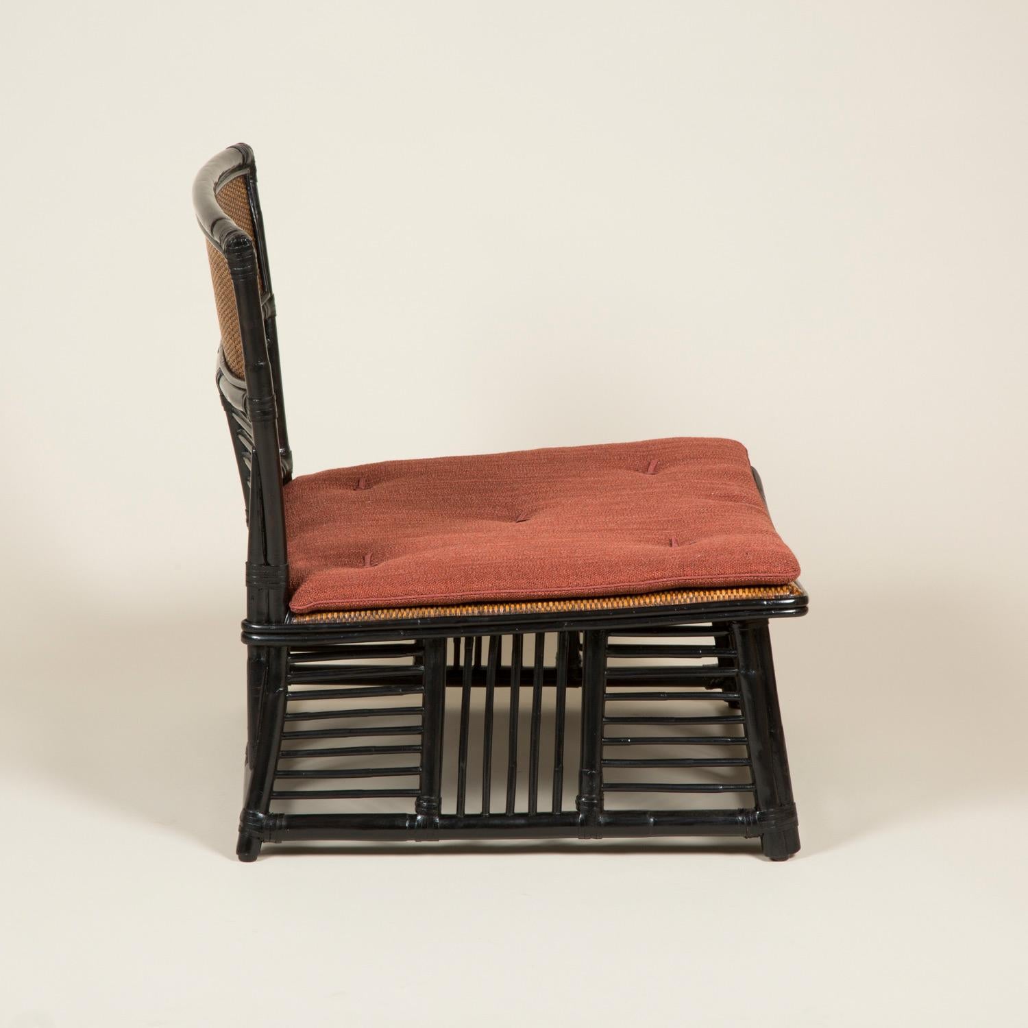 Low Japanese Side Chair with a Slatted Frame and Caned Back and Seat For Sale 1