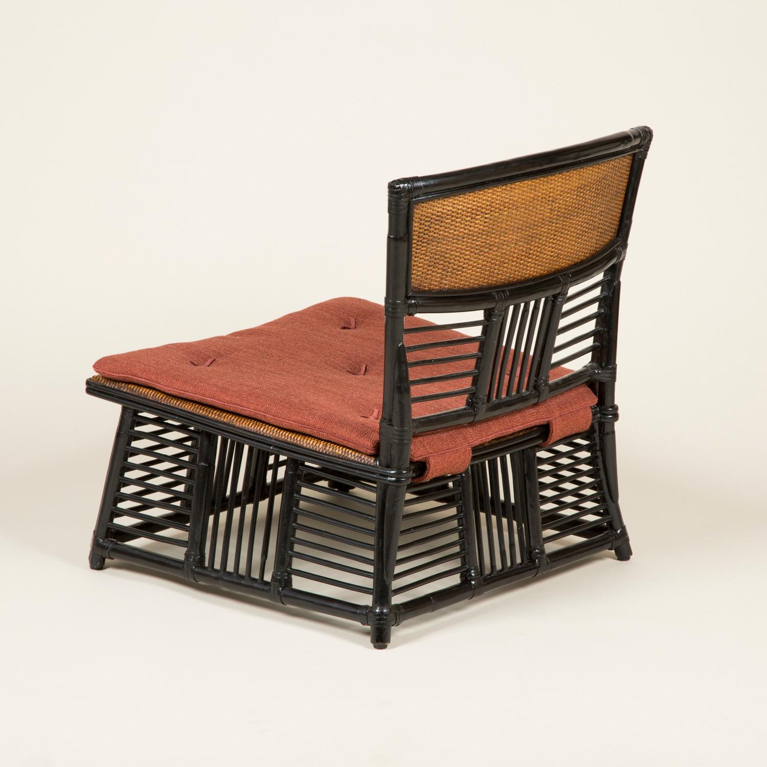 Low Japanese Side Chair with a Slatted Frame and Caned Back and Seat For Sale 2
