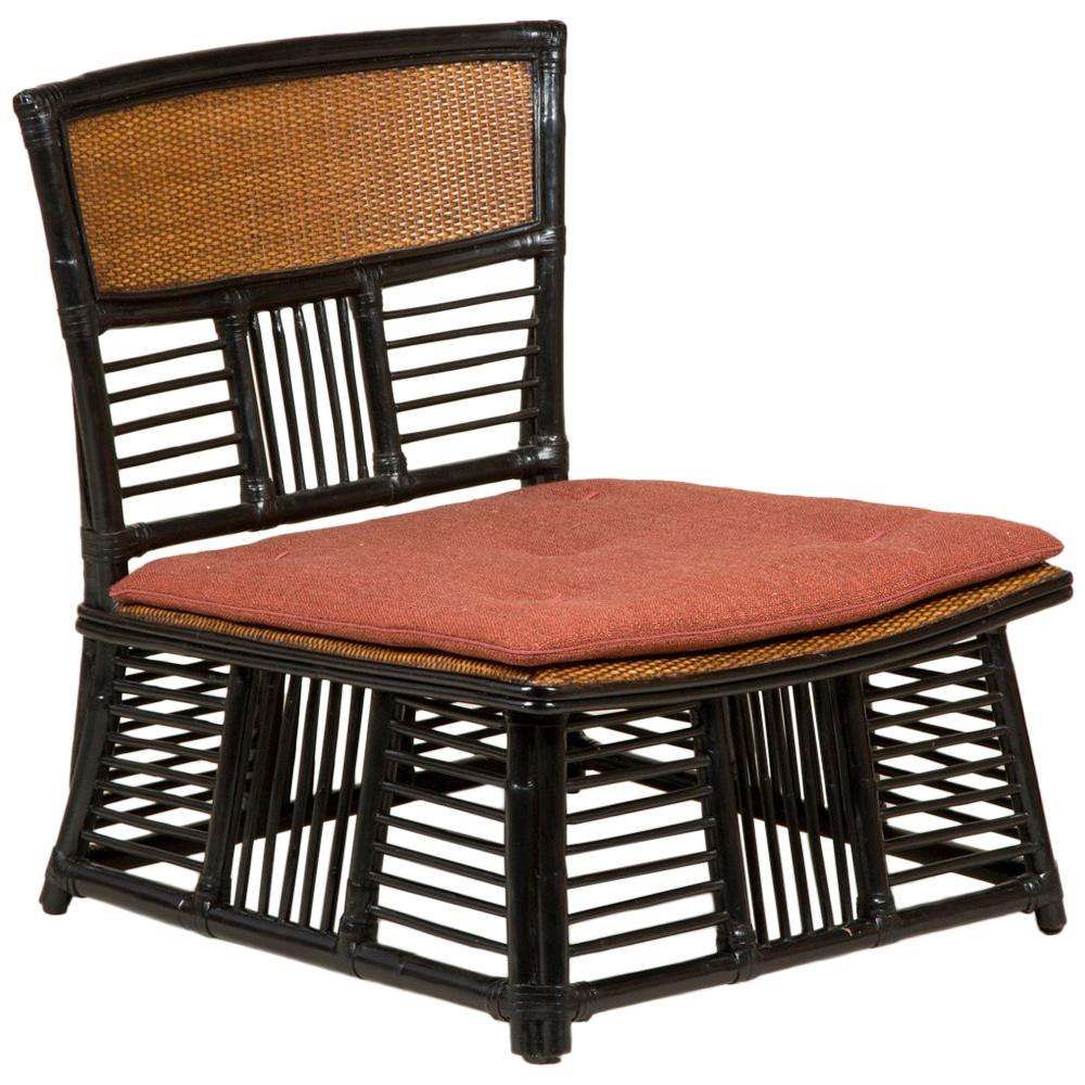 Low Japanese Side Chair with a Slatted Frame and Caned Back and Seat For Sale