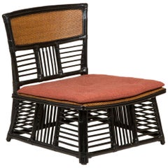 Low Japanese Side Chair with a Slatted Frame and Caned Back and Seat